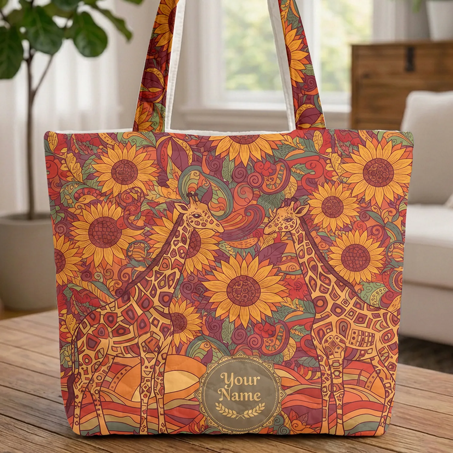 Personalized Name Tribal Giraffe Sunflowers - Wildlife Lover Gift Quilted Tote Bag - 1