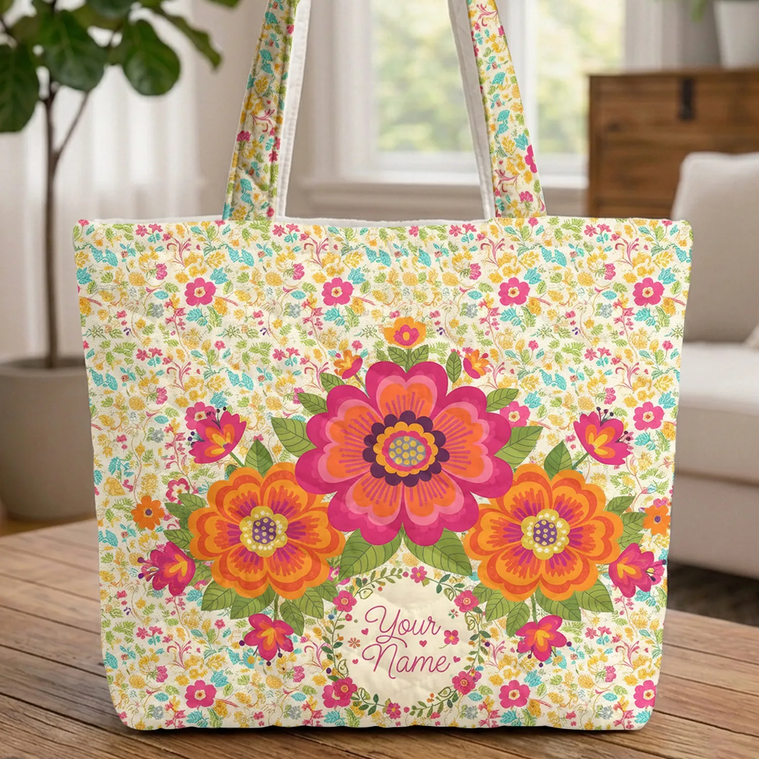 Ornate Large Flowers Botanical Leaves Vines Floral Wreath - Everyday Carry Gift Quilted Tote Bag - 1