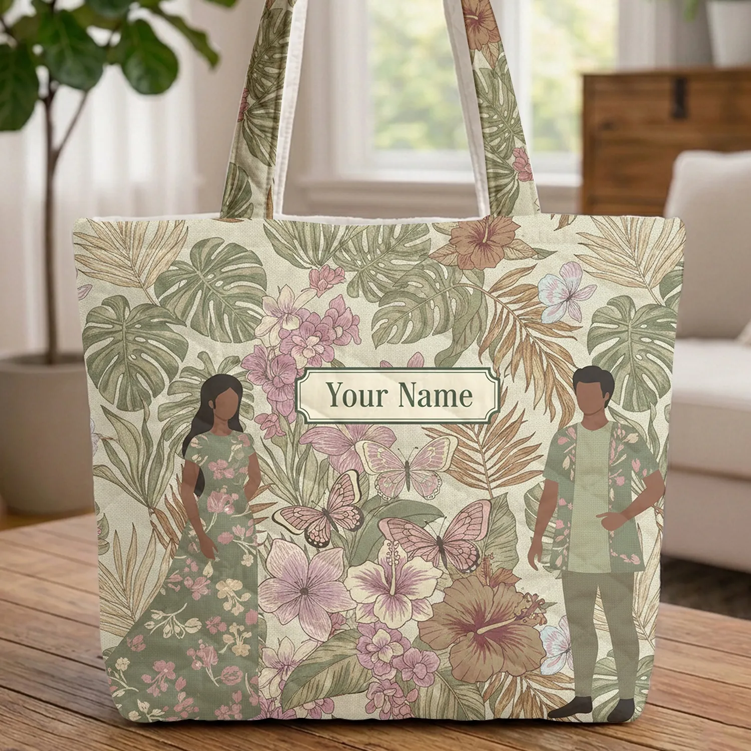 Tropical Foliage Butterflies Orchids Hibiscus - Personalized Name Travel Gift Quilted Tote Bag - 1