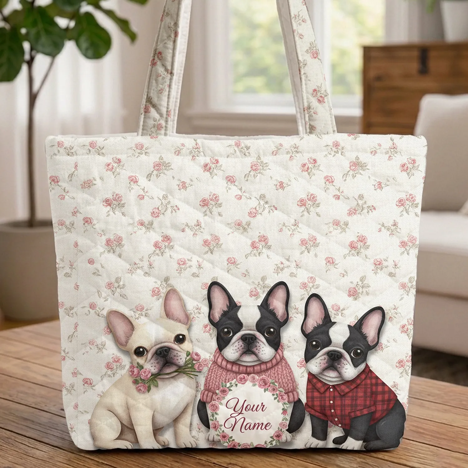 Black White French Bulldogs Pink Roses Rosebuds Green Leaves Wreath - Dog Lover Everyday Gift Quilted Tote Bag - 1