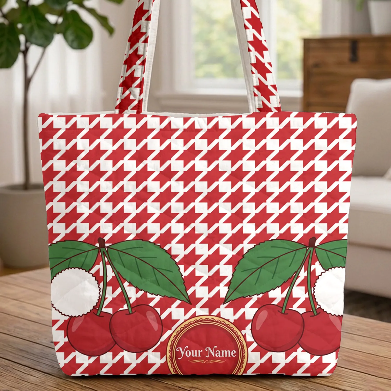 Your Name Cherry Pom-Poms Red White Houndstooth Gold Everyday Fashion Accessory Gift Quilted Tote Bag - 1