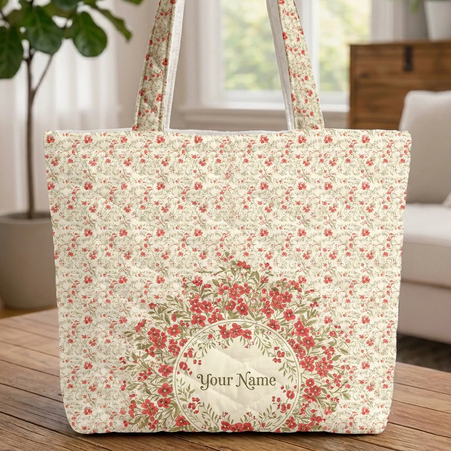 Personalized Scarlet Floral Wreath Botanical Foliage - Flower Lover Gift Quilted Tote Bag - 1
