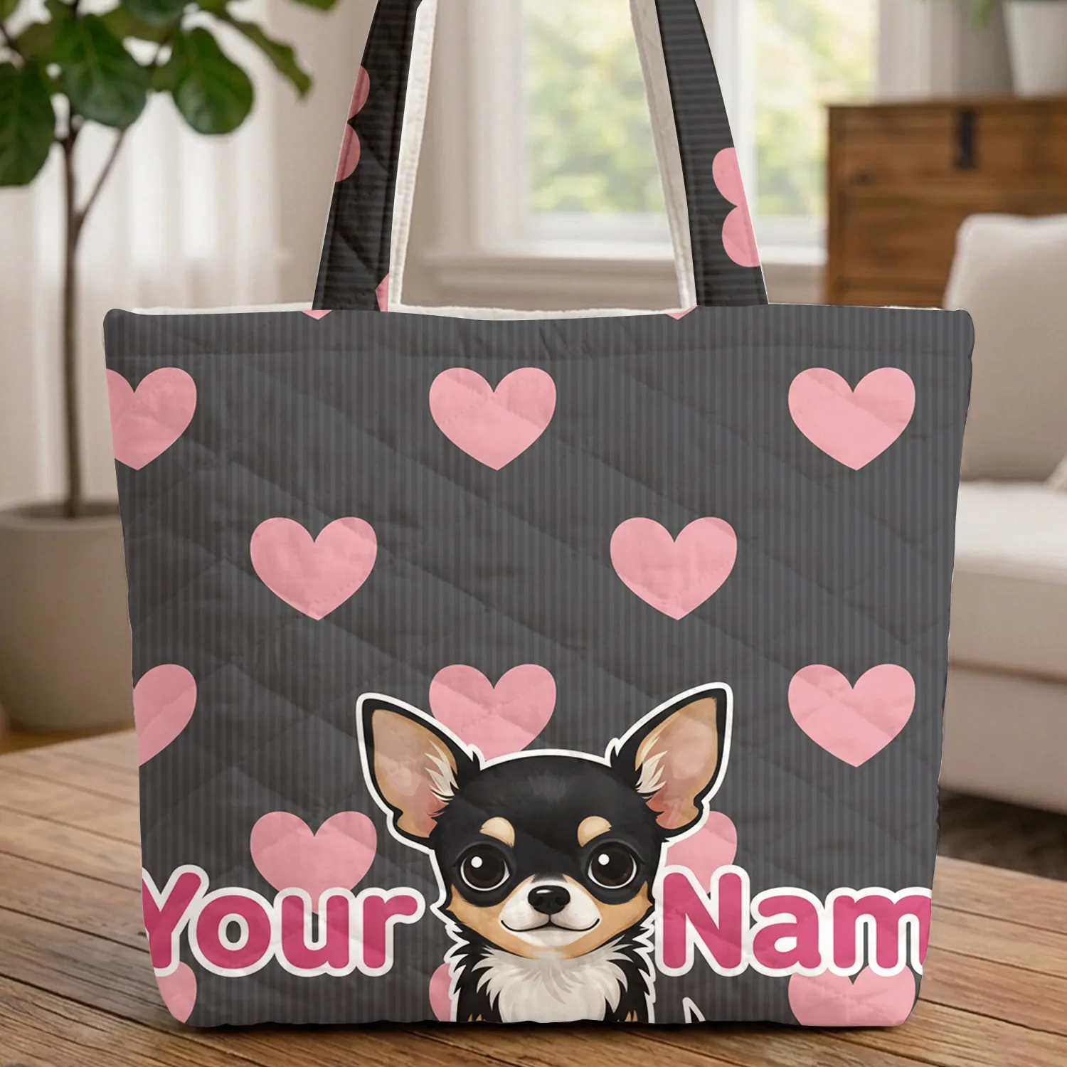 Black Tan Chihuahua Dog Pink Hearts Personalized Name - Everyday Carry Gift for Dog Lovers Quilted Tote Bag - 1