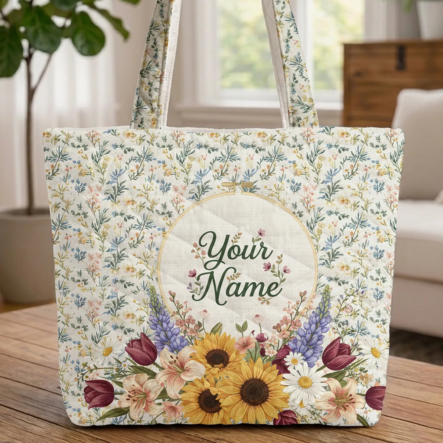 Floral Arrangement Name Hoop - Flower Lover Gift Quilted Tote Bag - 1