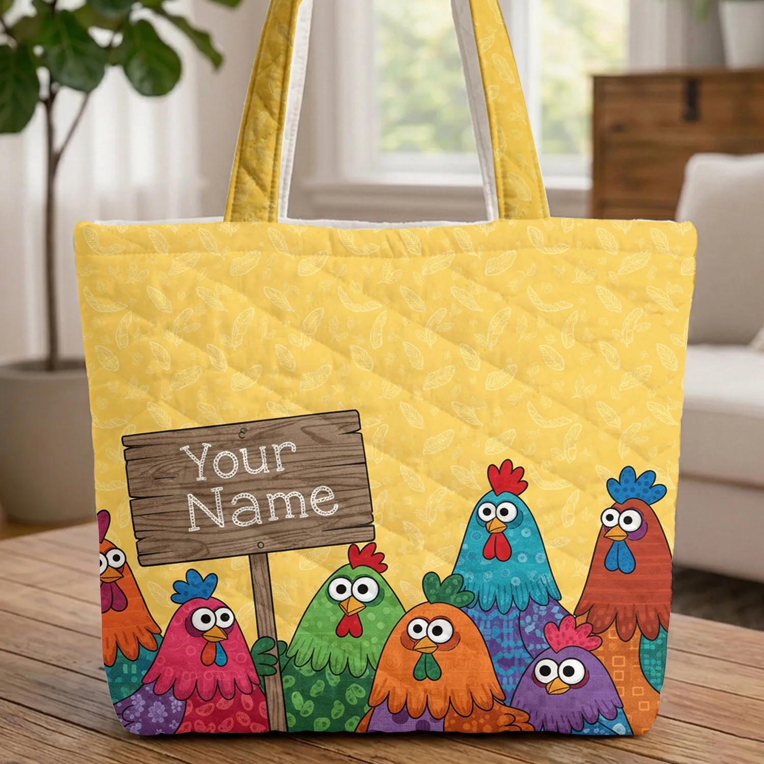 Six Colorful Chickens Personalized Sign Farmhouse Decor Chicken Lover Gift Quilted Tote Bag - 1