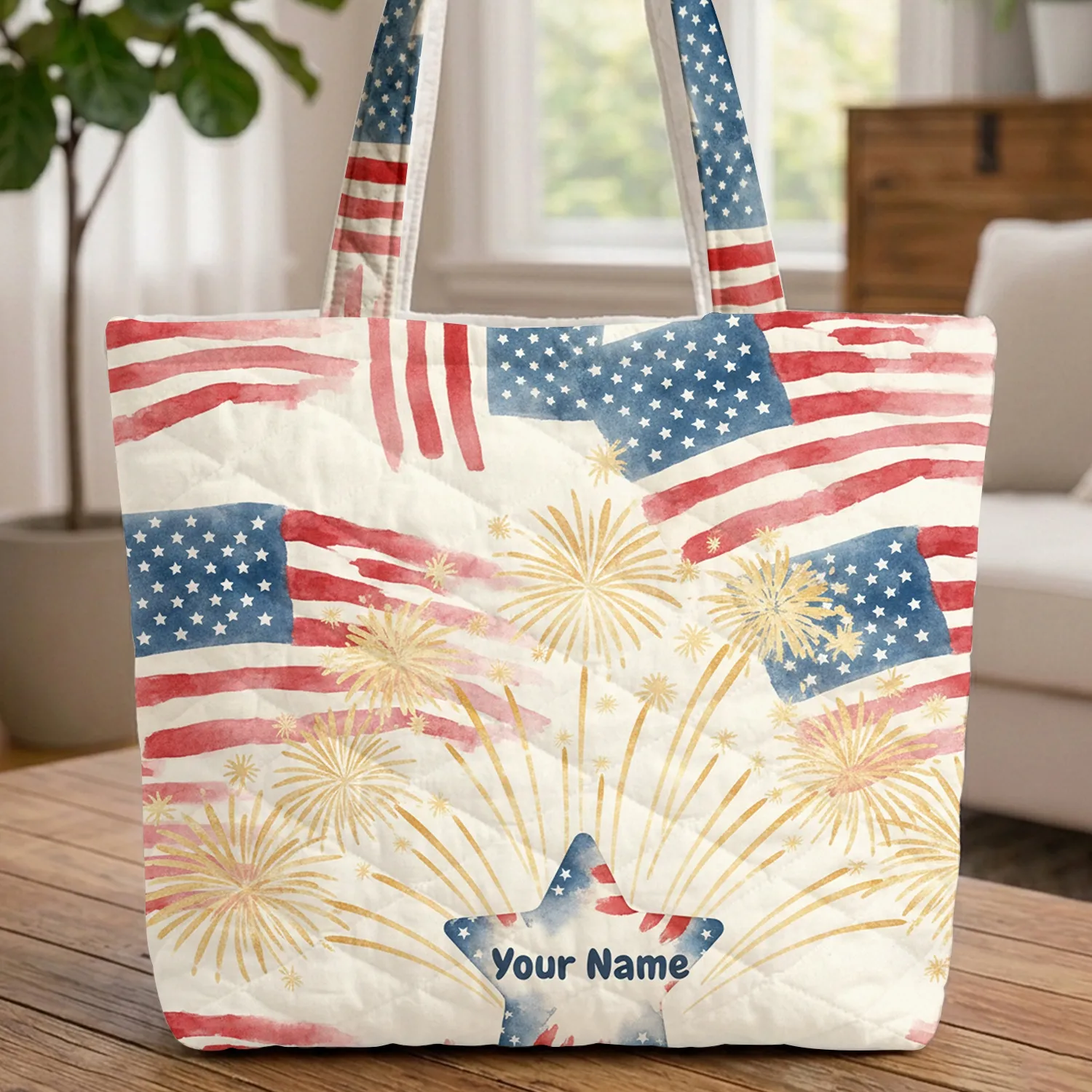 American Flag Fireworks Star - Independence Day Celebration Gift Quilted Tote Bag - 1