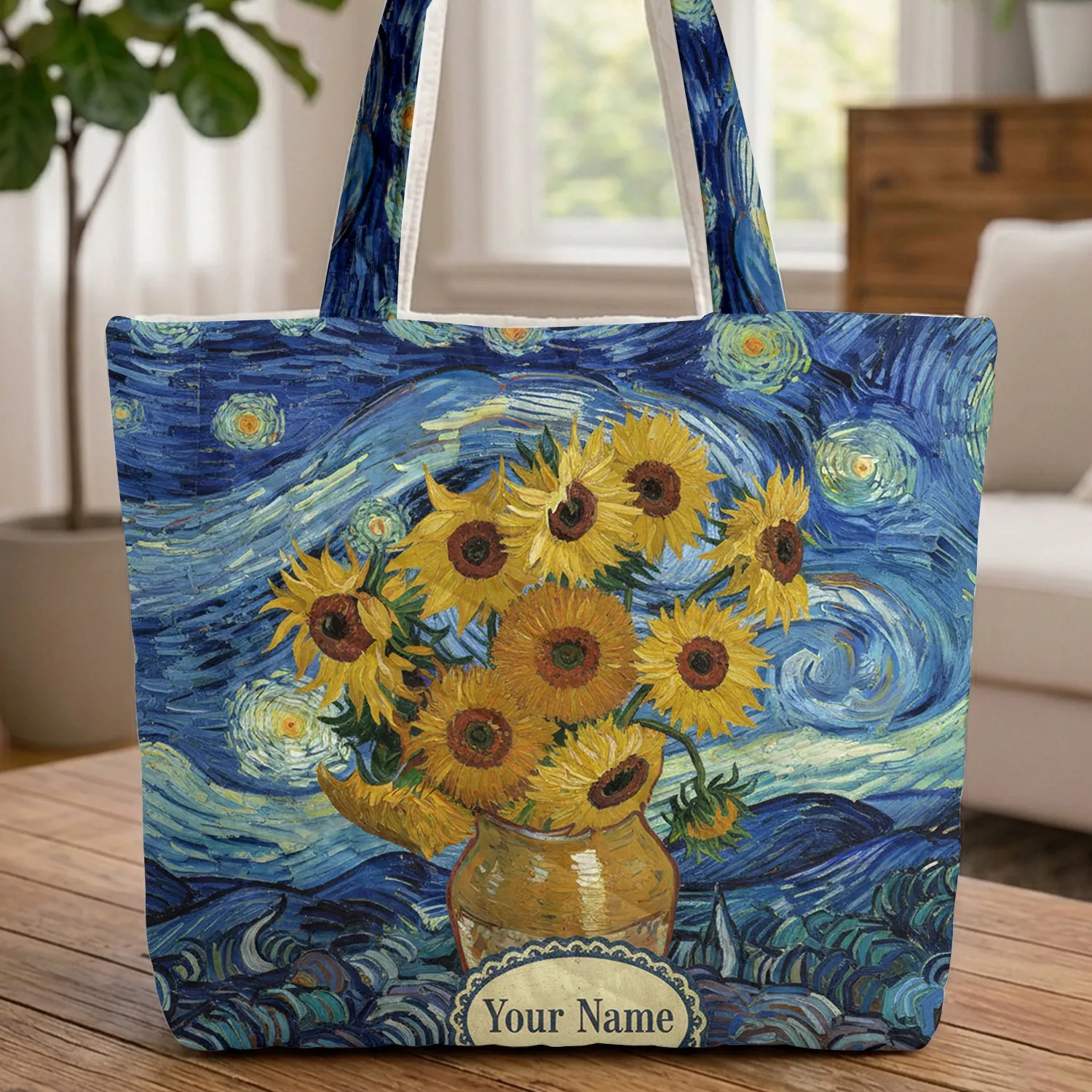 Sunflowers Vase Celestial Stars Moons - Sunflower Lovers Gift Quilted Tote Bag - 1