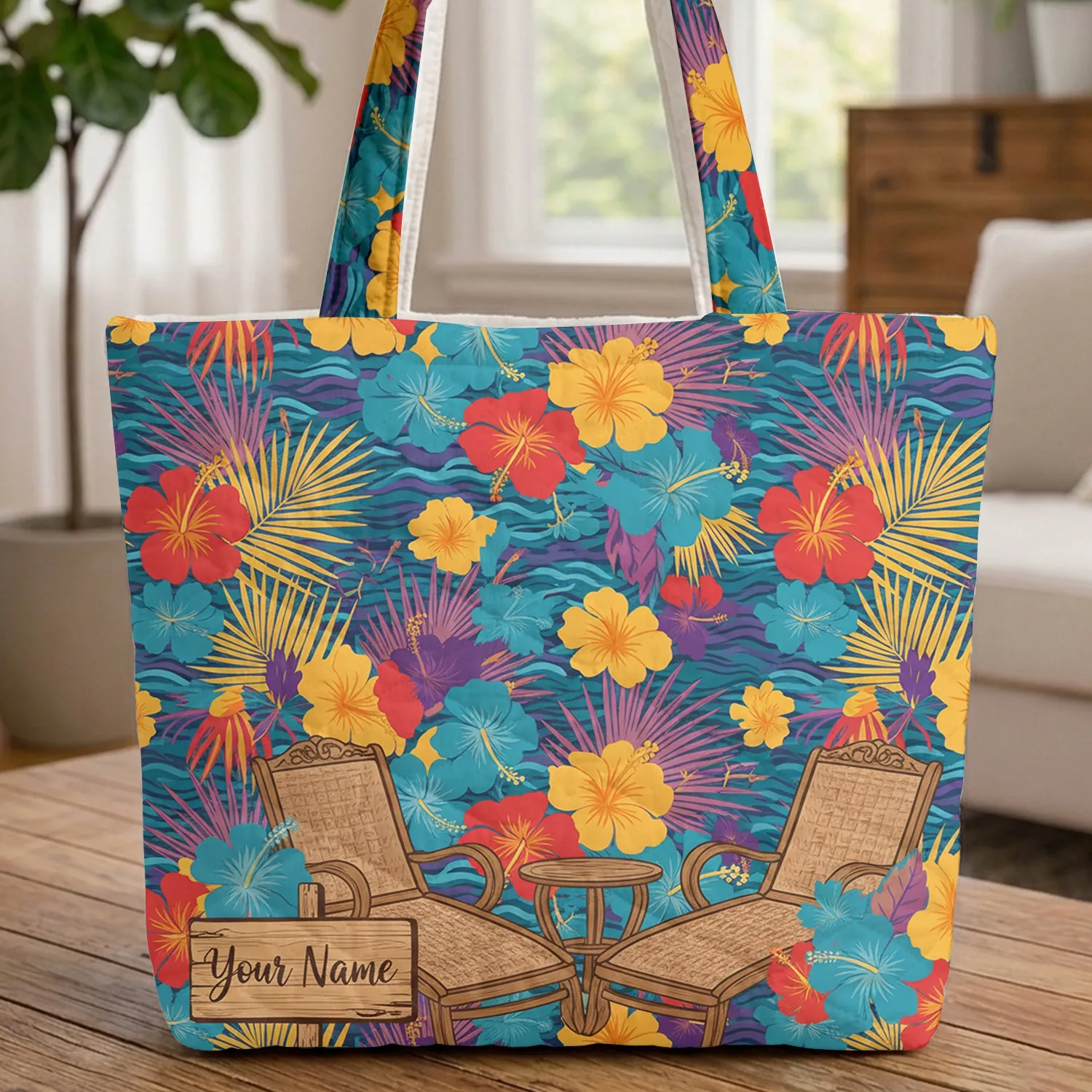 Personalized Tropical Lounge Chairs Hibiscus Palm Fronds - Beach Vacation Gift Quilted Tote Bag - 1