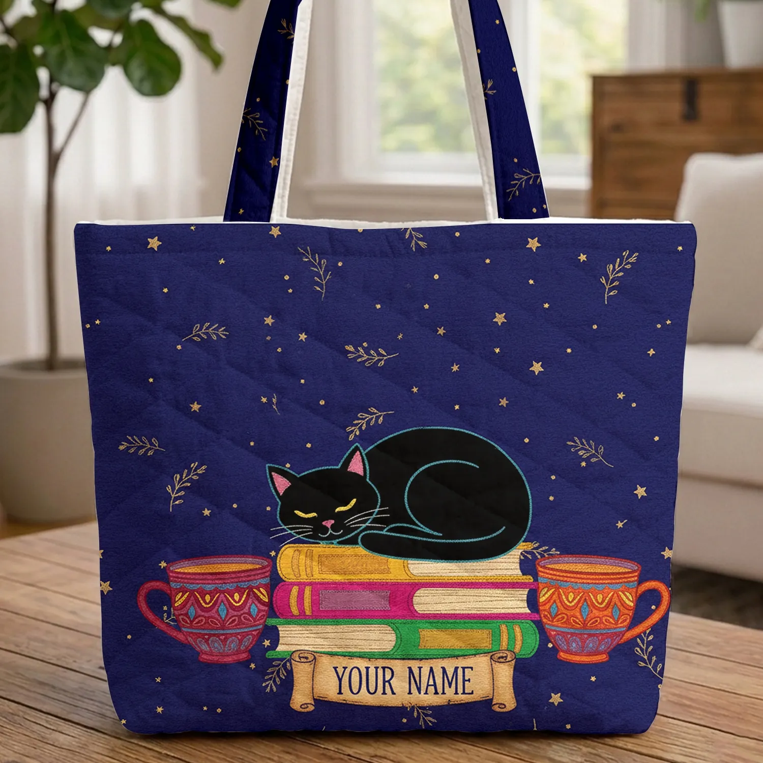 Black Cat Books Mugs - Reading Lover Gift for Bookworm Cat Lover Quilted Tote Bag - 1