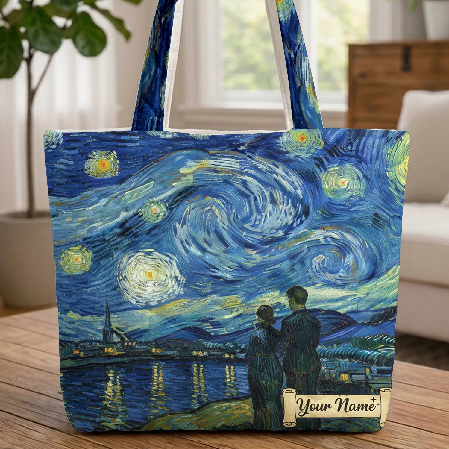 Starry Night Crescent Moon River City View Personalized Name Scroll - Travel Gift Quilted Tote Bag - 1
