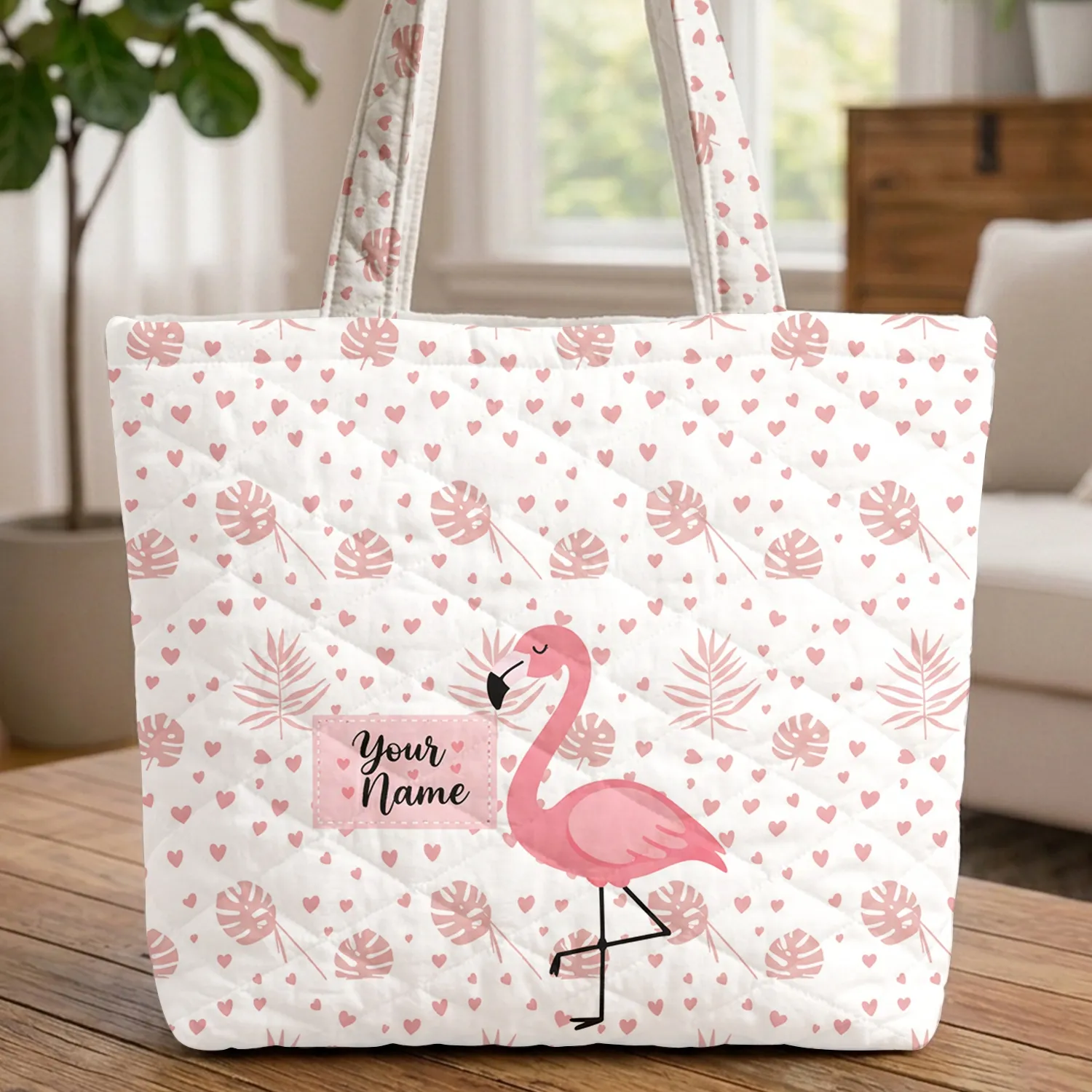 Pink Flamingo Hearts Tropical Leaves - Tropical Lifestyle Gift for Flamingo Lover Quilted Tote Bag - 1