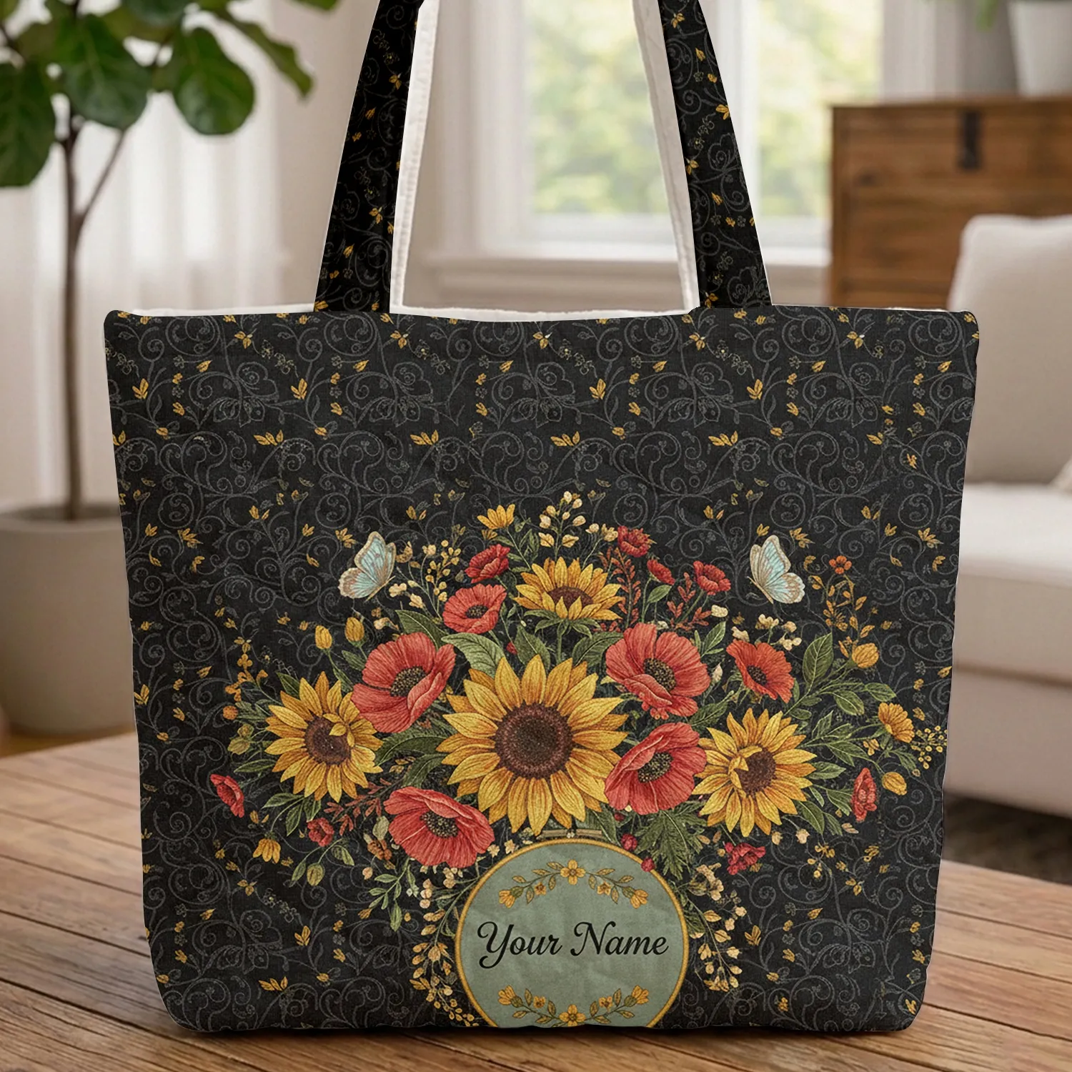 Sunflowers Poppies Autumn Flowers Butterflies Personalized Name - Fall Decor Gift Quilted Tote Bag - 1