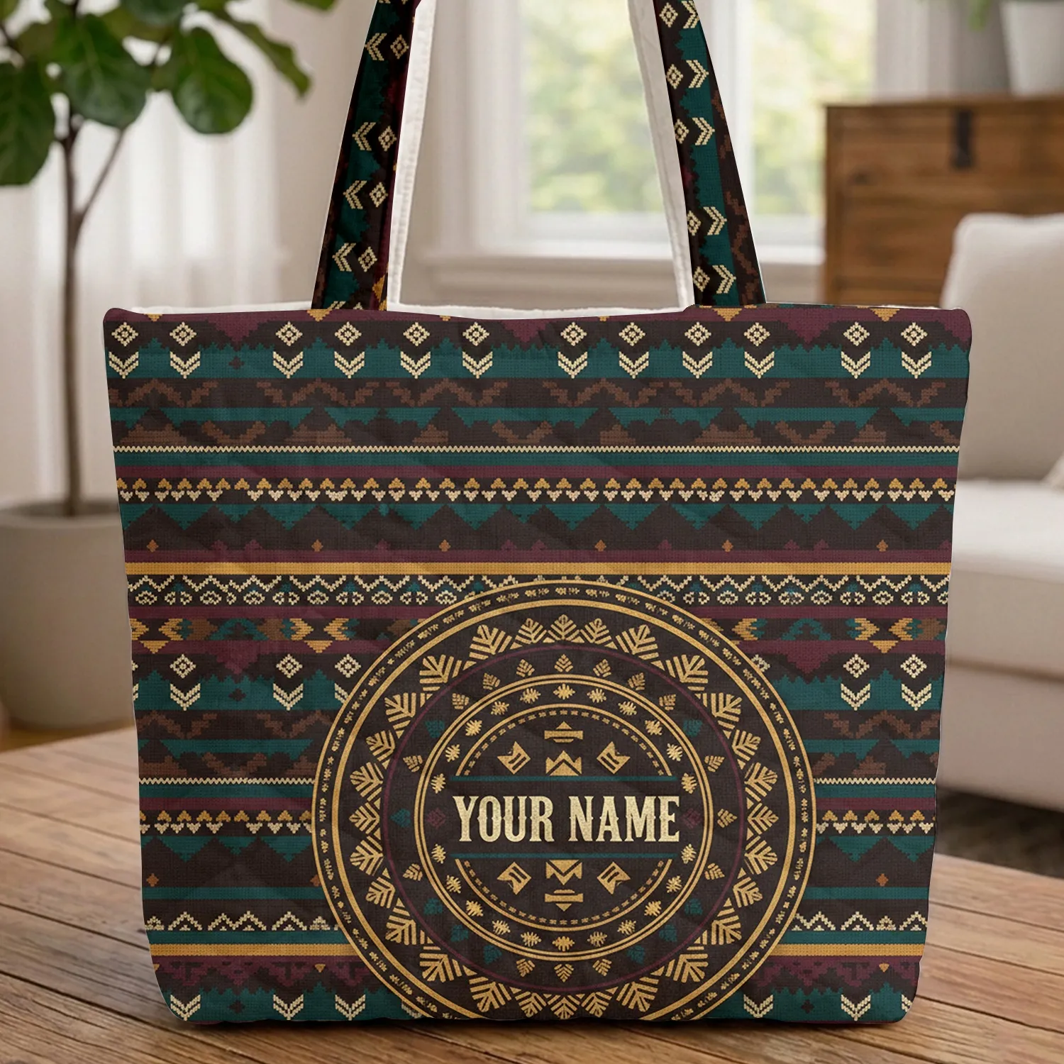 Personalized Name Ornate Tribal Medallion Geometric Chevron Stripes - Everyday Style Quilted Tote Bag - 1