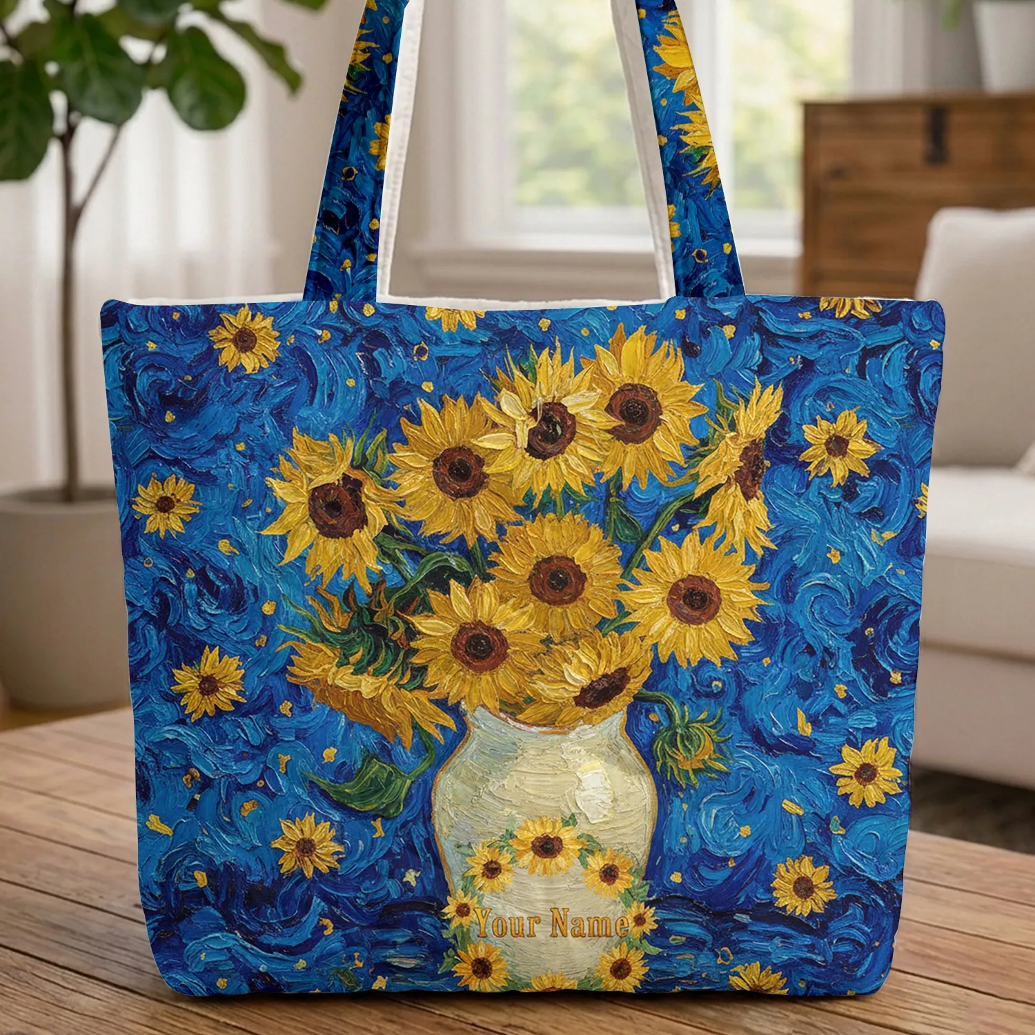 Golden Sunflowers Vase Cobalt Starry Night - Decor Gift for Sunflower Lover Quilted Tote Bag - 1