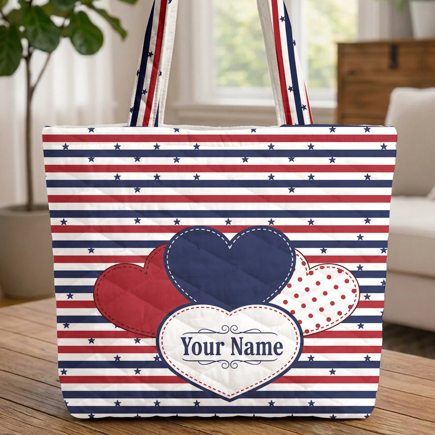 Ornate Patriotic Hearts American Flag - Independence Day Celebration Gift Quilted Tote Bag - 1