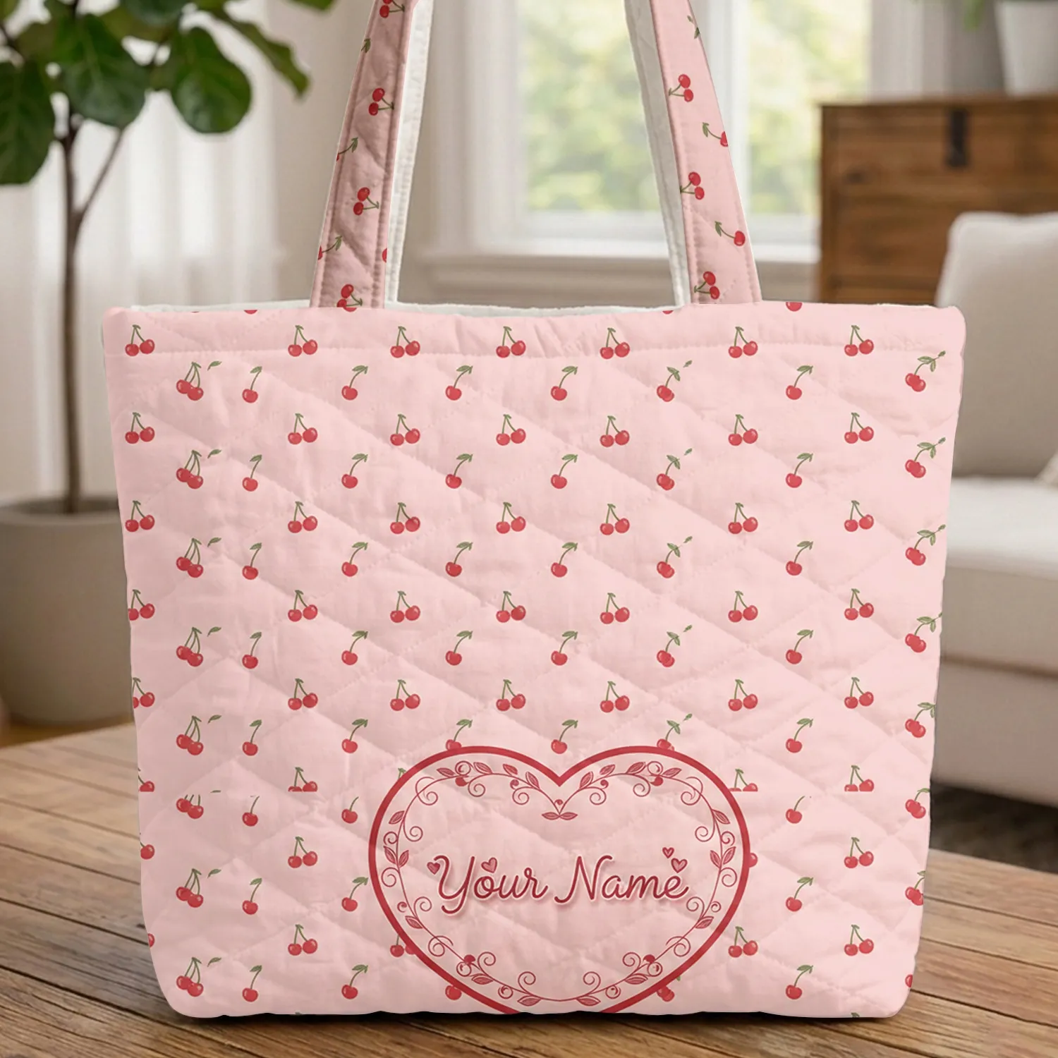Scattered Red Cherries Heart Your Name Monogram - Everyday Use Accessory Gift Quilted Tote Bag - 1