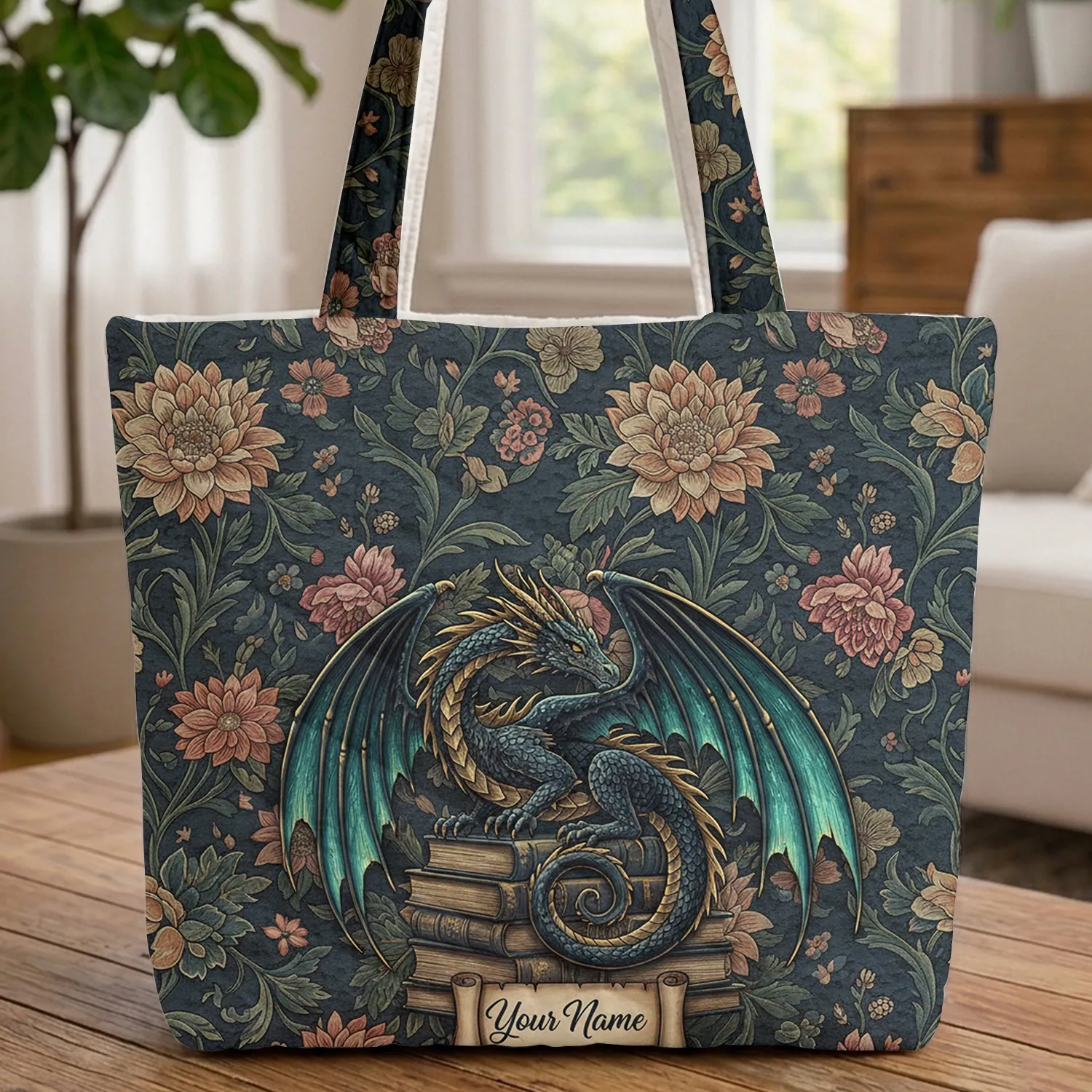 Majestic Dark Blue Dragon Antique Books - Personalized Floral Everyday Tote Gift Quilted Tote Bag - 1