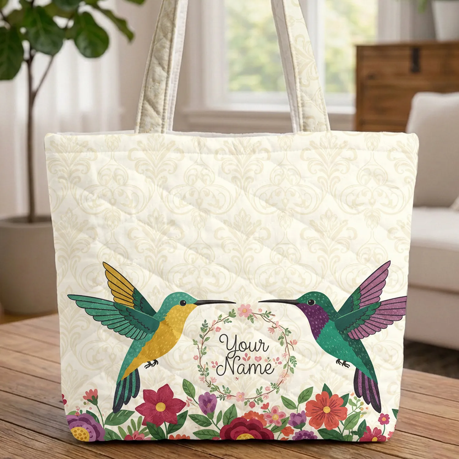 Hummingbirds Flowers Foliage Vines Leaves Blossoms Floral Wreath - Nature Lover Gift Quilted Tote Bag - 1