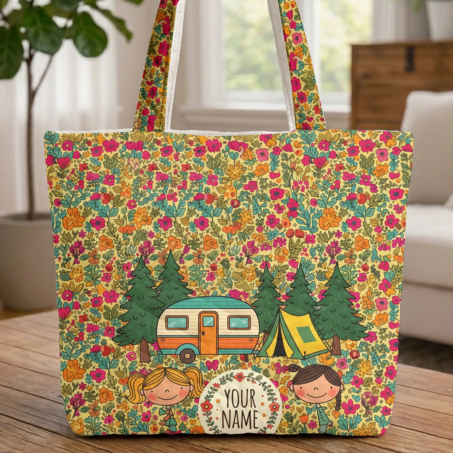 Vintage Camping Trailer Wildflowers Personalized - Travel Essentials Camping Enthusiast Gift Quilted Tote Bag - 1
