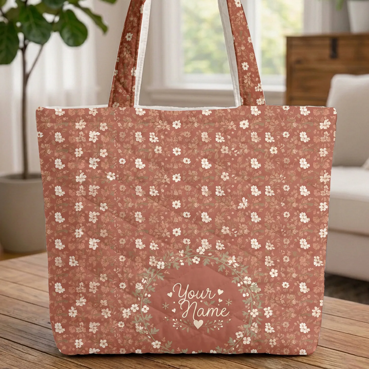 Wildflower Field Floral Cursive Name Wreath Heart Accents - Thoughtful Keepsake Gift Quilted Tote Bag - 1