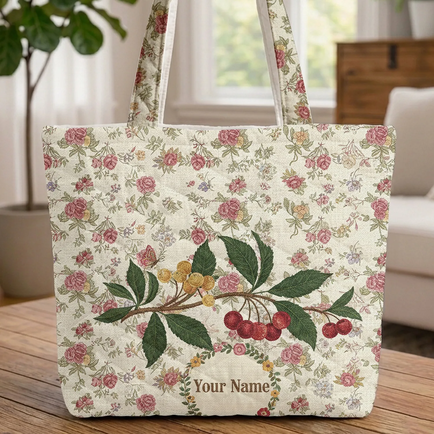 Cherry Blossom Butterfly Leaves Floral Garland - Botanical Garden Decor Gift Quilted Tote Bag - 1