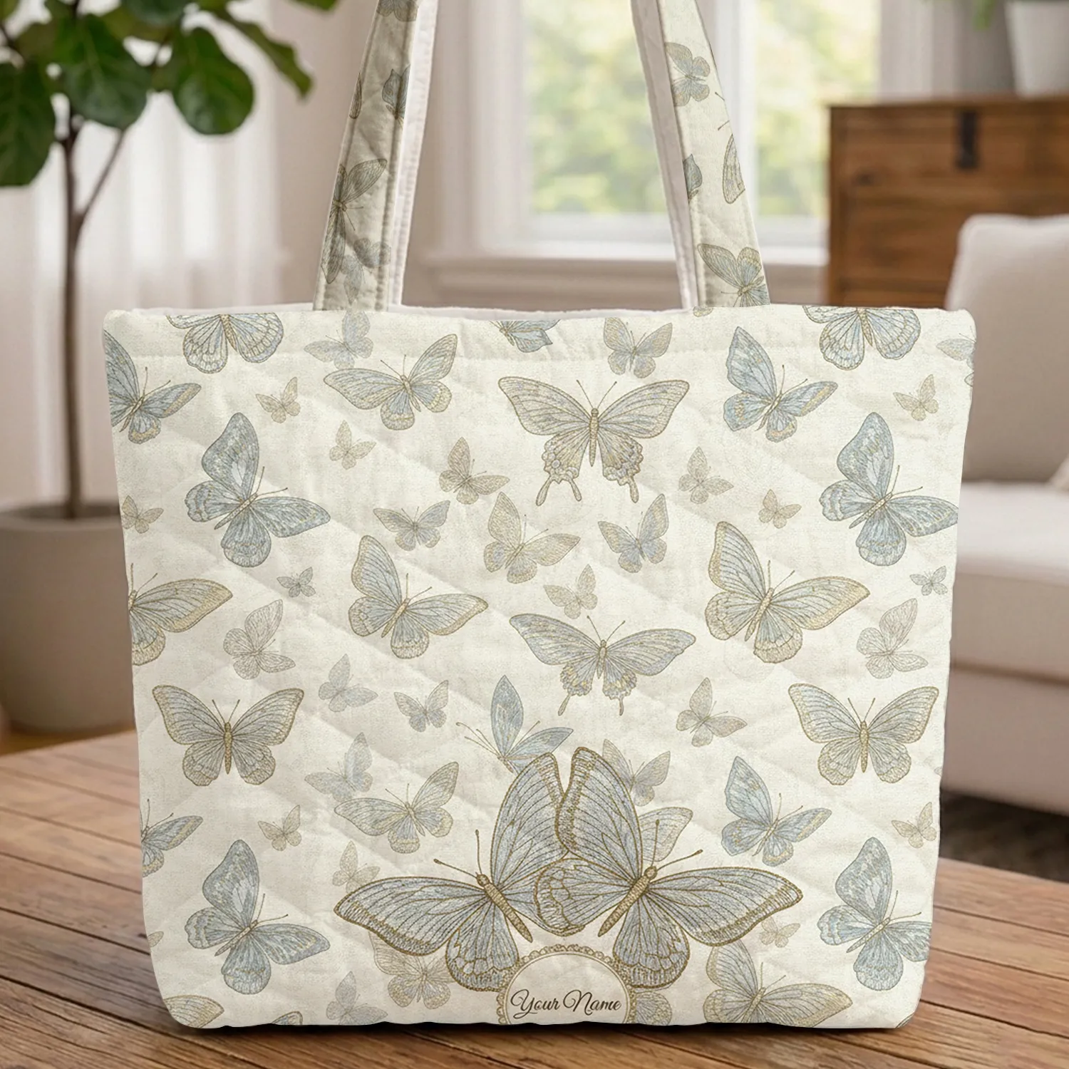 Elegant Ornate Butterflies Circular Name Medallion - Everyday Carryall Quilted Tote Bag - 1