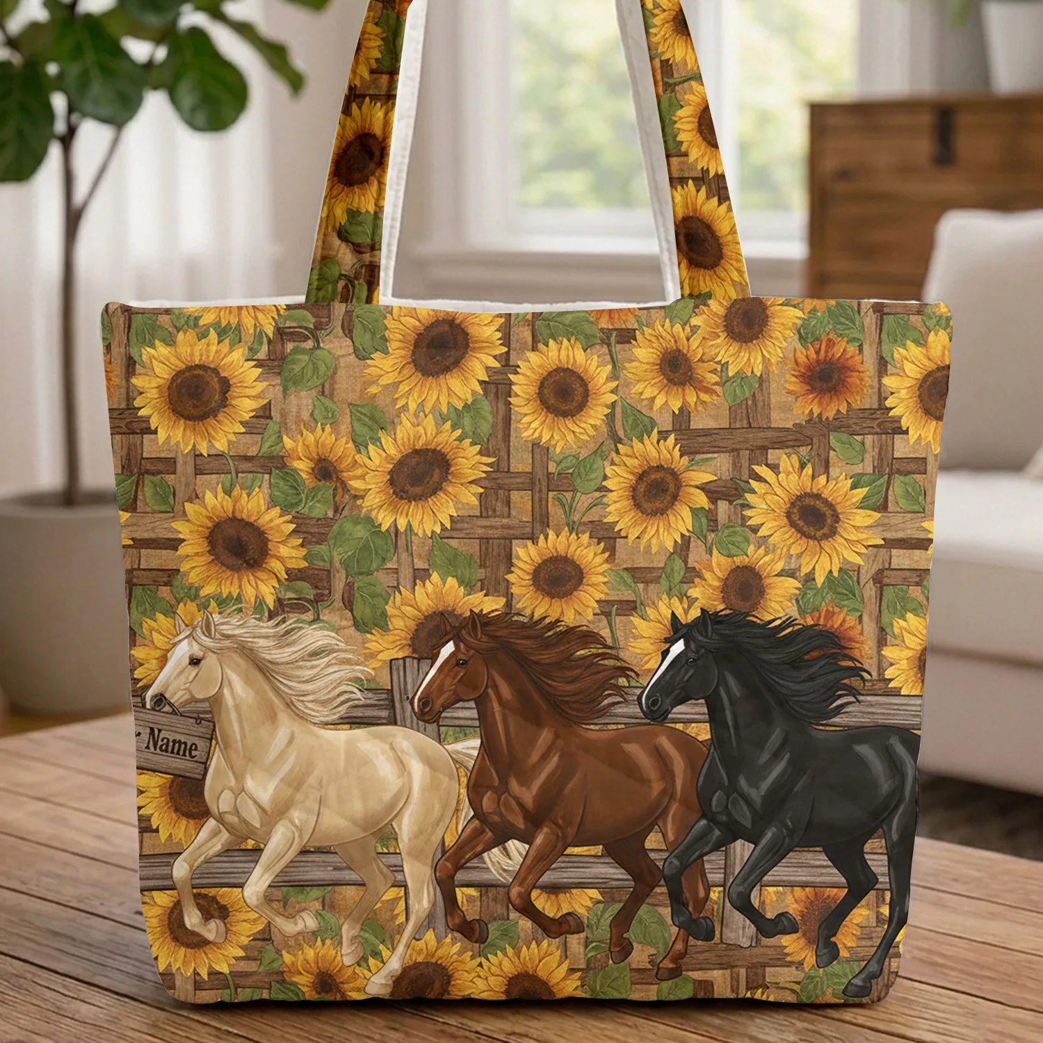 Three Galloping Horses Sunflowers Wooden Sign - Farmhouse Western Gift Quilted Tote Bag - 1