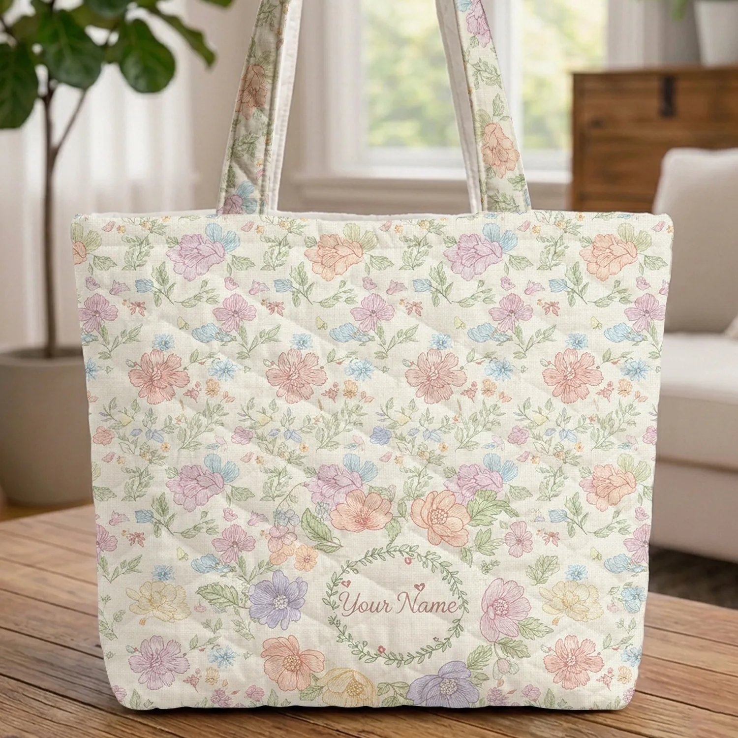 Scattered Blossoms Floral Wreath Name - Everyday Carry Gift Quilted Tote Bag - 1