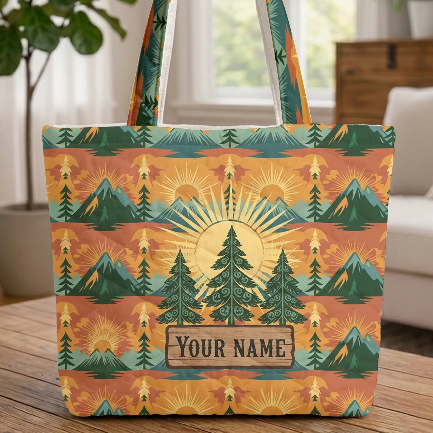Evergreen Pine Tree Mountain Sun Rustic Sign – Personalized Gift for Nature Lovers Quilted Tote Bag - 1