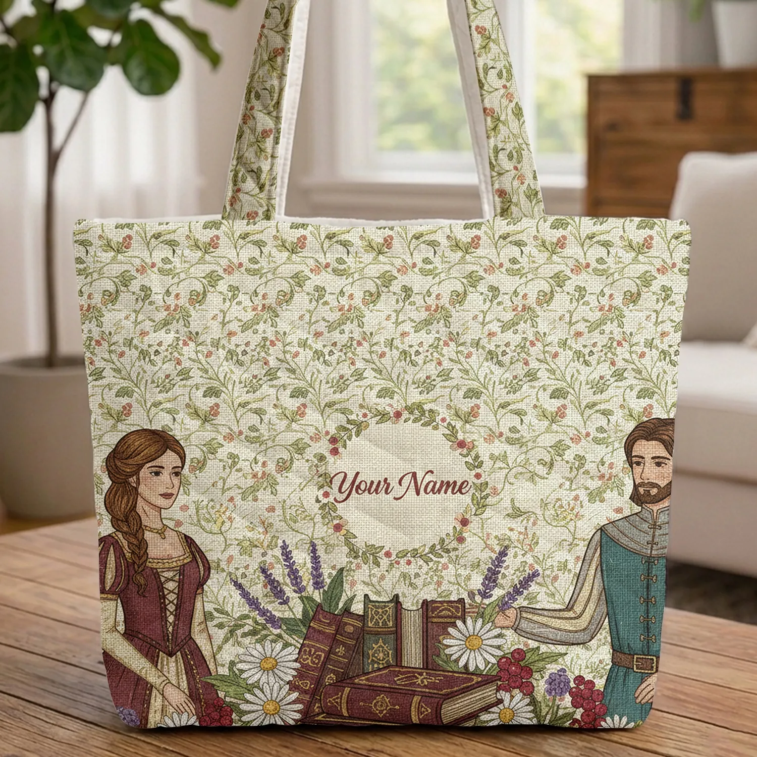 Swirling Vines Ornate Books Wildflower Wreath - Bag Gift for Book Lover Quilted Tote Bag - 1