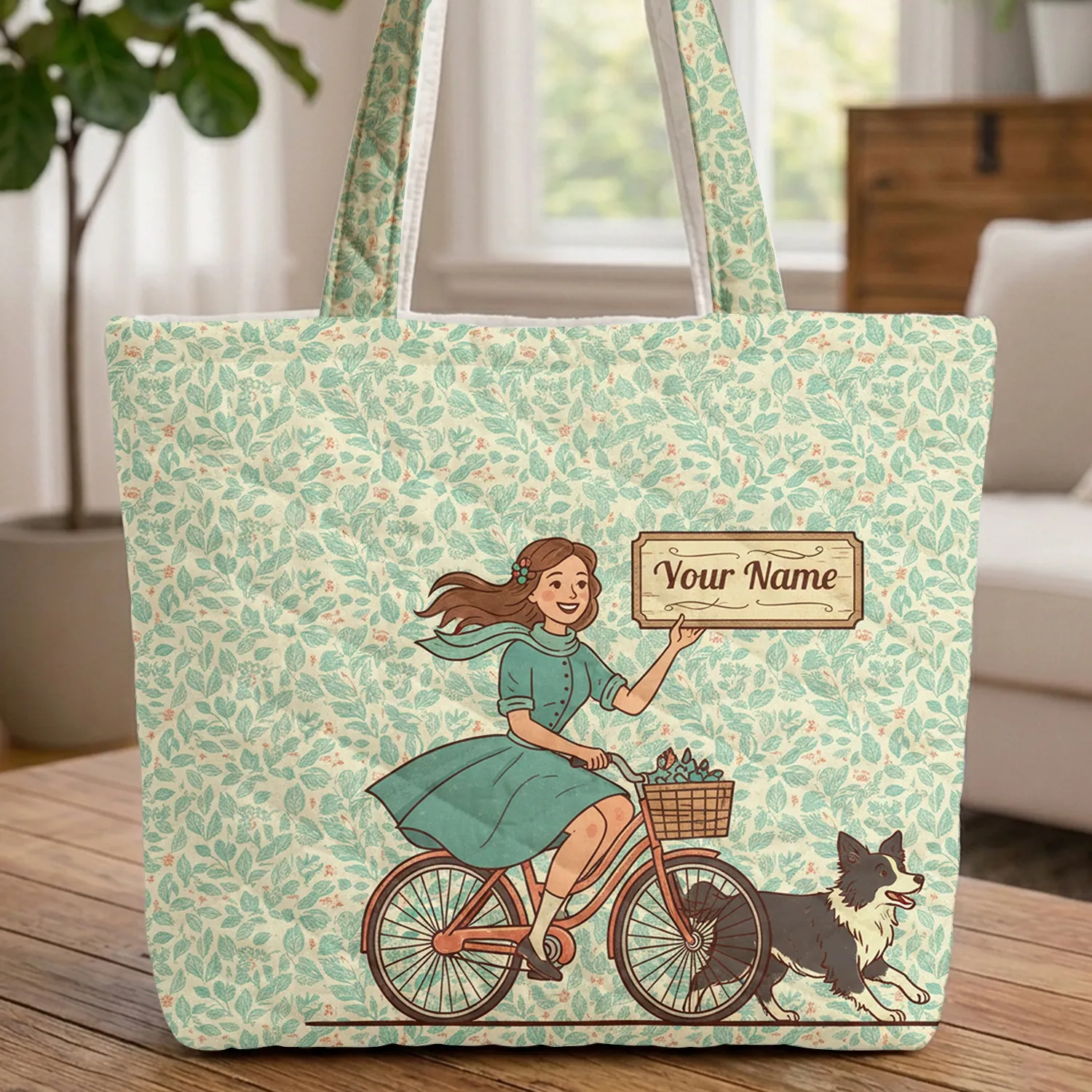 Woman Bicycle Border Collie Distressed Wood Sign Travel Essentials Gift for Dog Lovers Quilted Tote Bag - 1