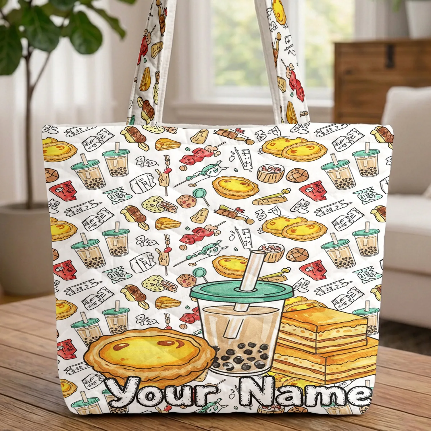 Hong Kong Street Food Egg Tart Bubble Tea Cakes Name - Everyday Foodie Gift Quilted Tote Bag - 1
