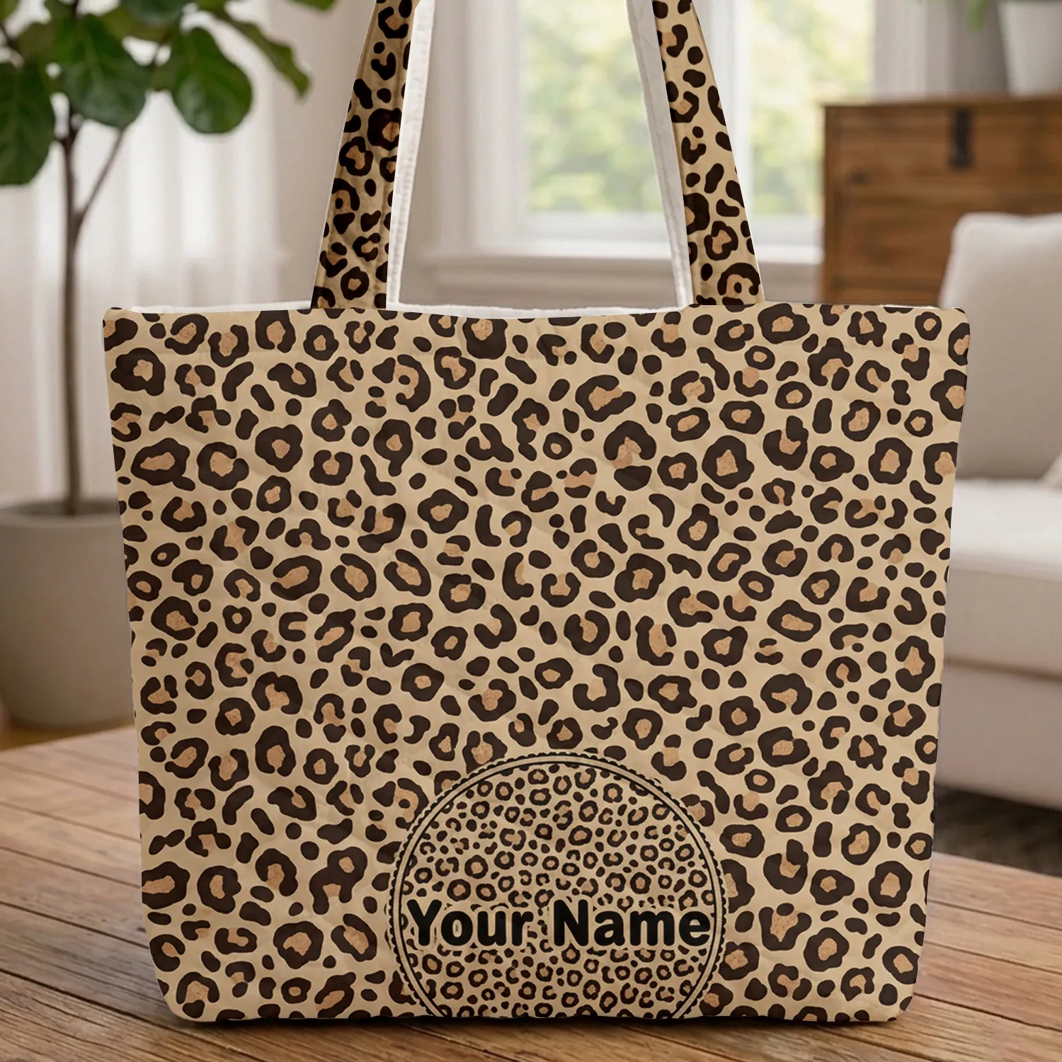 Organic Leopard Spots Name Circle - Everyday Tote Travel Essential for Daily Use Quilted Tote Bag - 1
