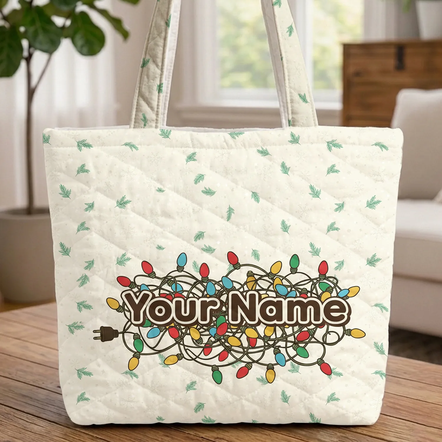 Snowflakes Pine Sprigs Christmas Lights Personalized Name - Christmas Holiday Gift Quilted Tote Bag - 1