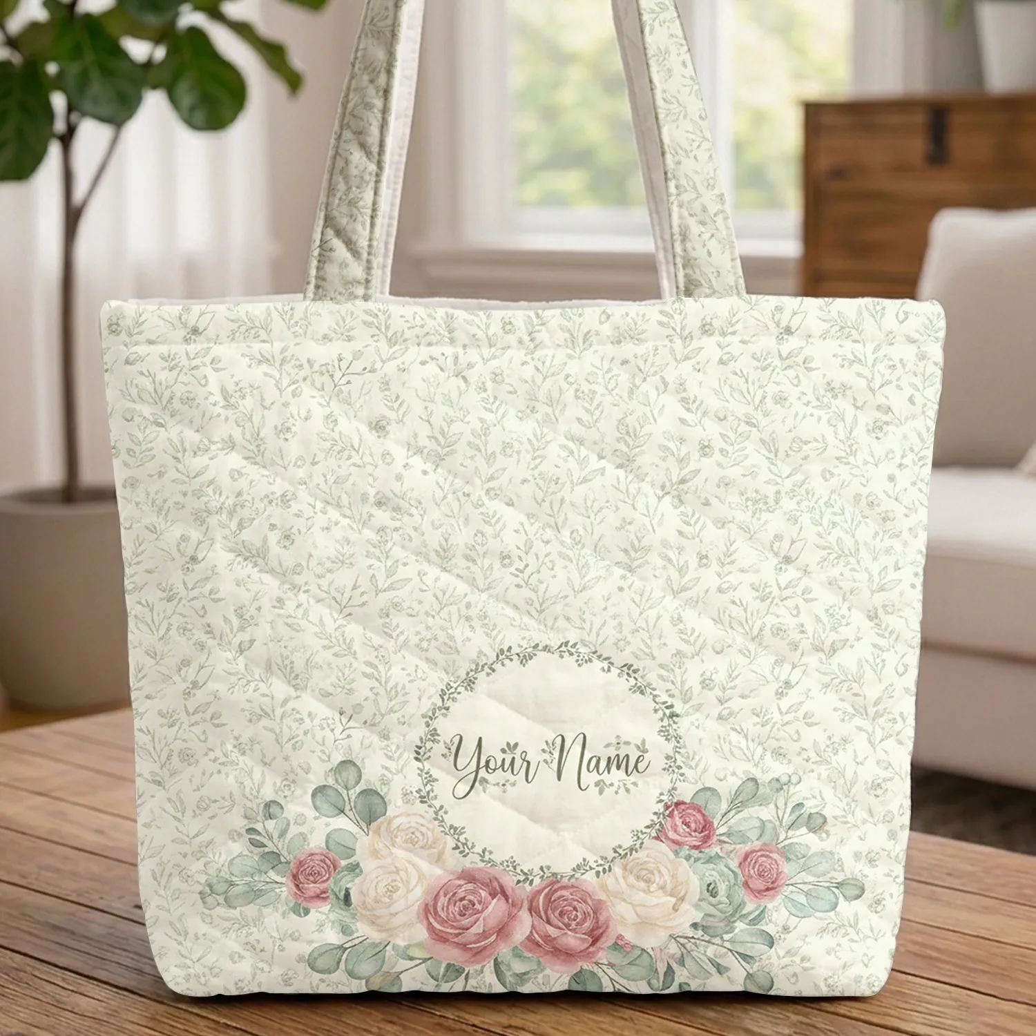Roses Peonies Eucalyptus Wildflower Wreath - Everyday Tote Gift Quilted Tote Bag - 1