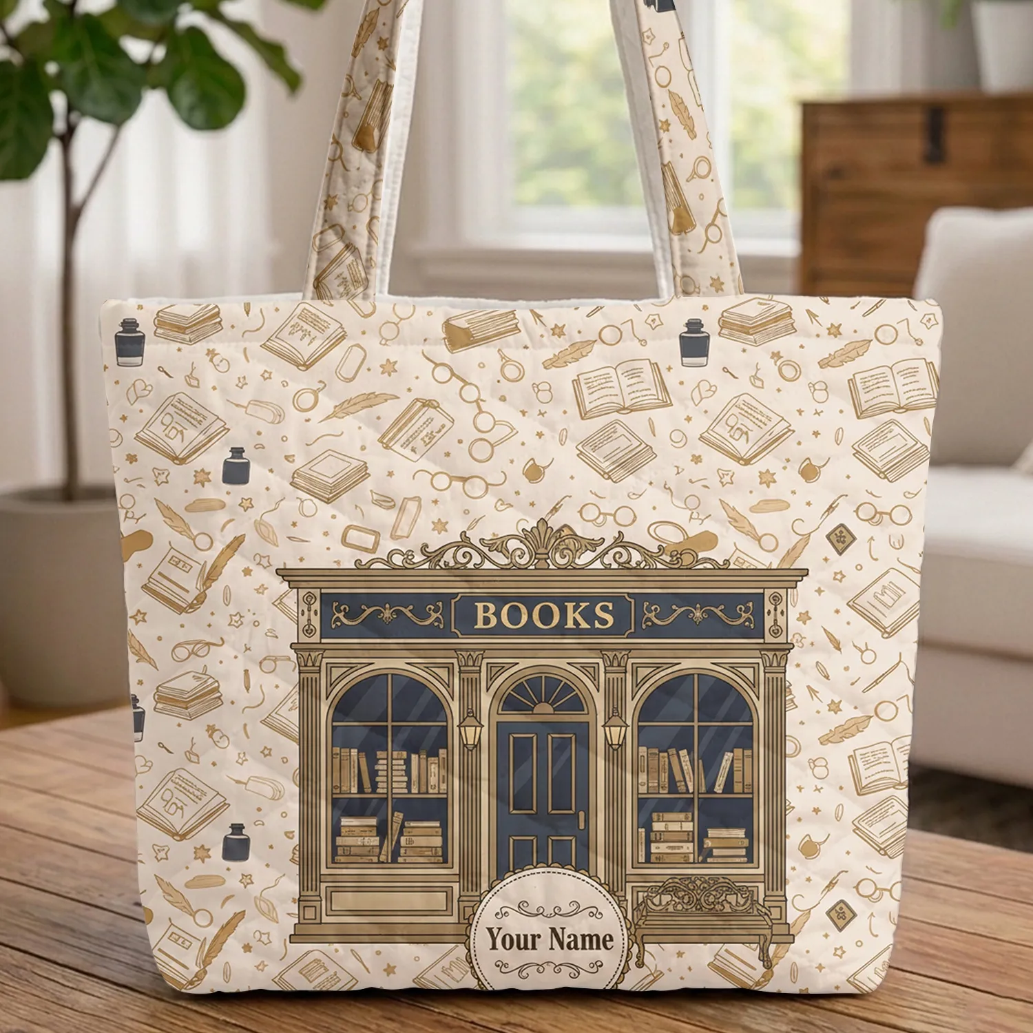 Personalized Vintage Bookstore Facade Literary Elements - Book Lover Gift Quilted Tote Bag - 1