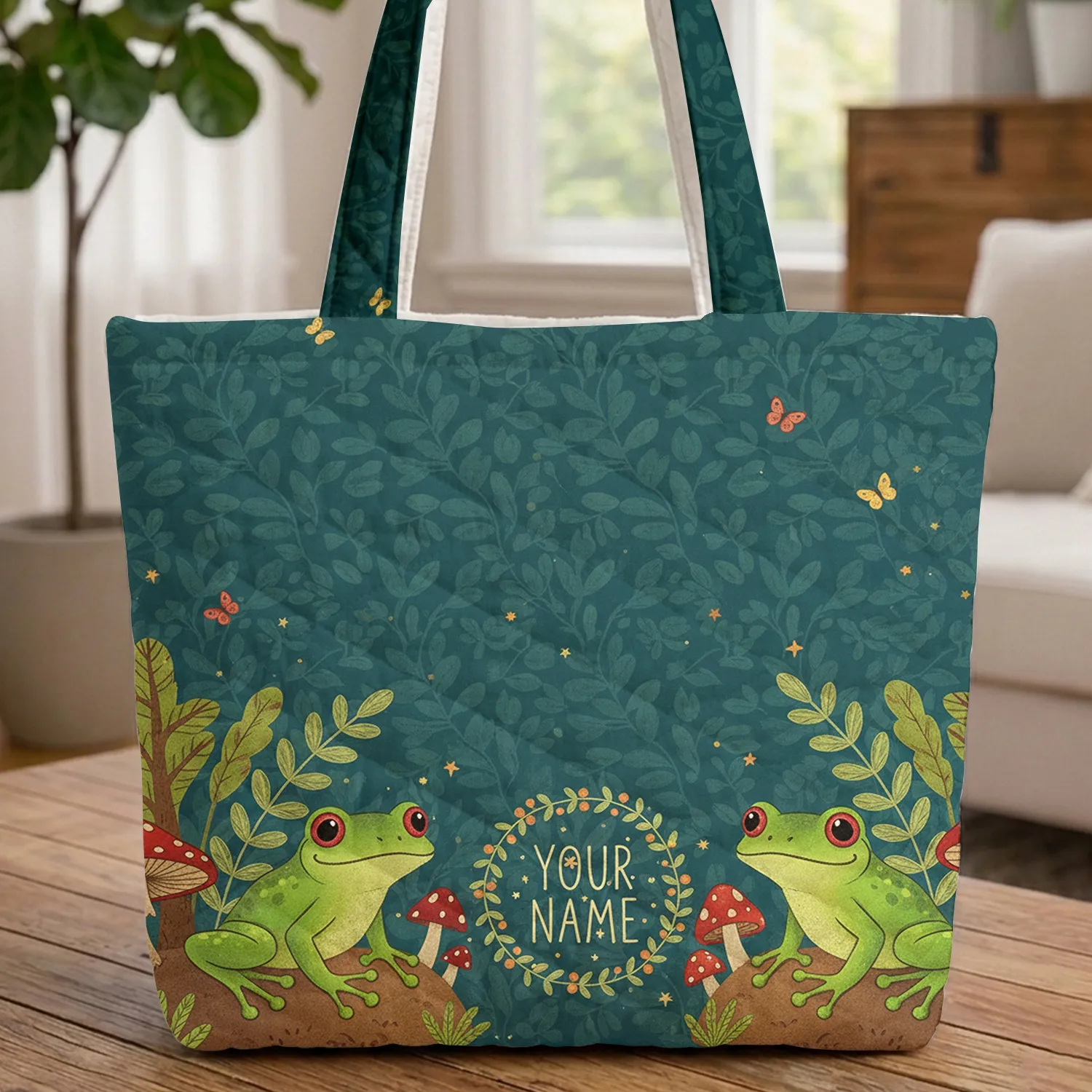 Frogs Toadstools Floral Wreath Butterflies Personalized Name - Wildlife Lover Gift Quilted Tote Bag - 1