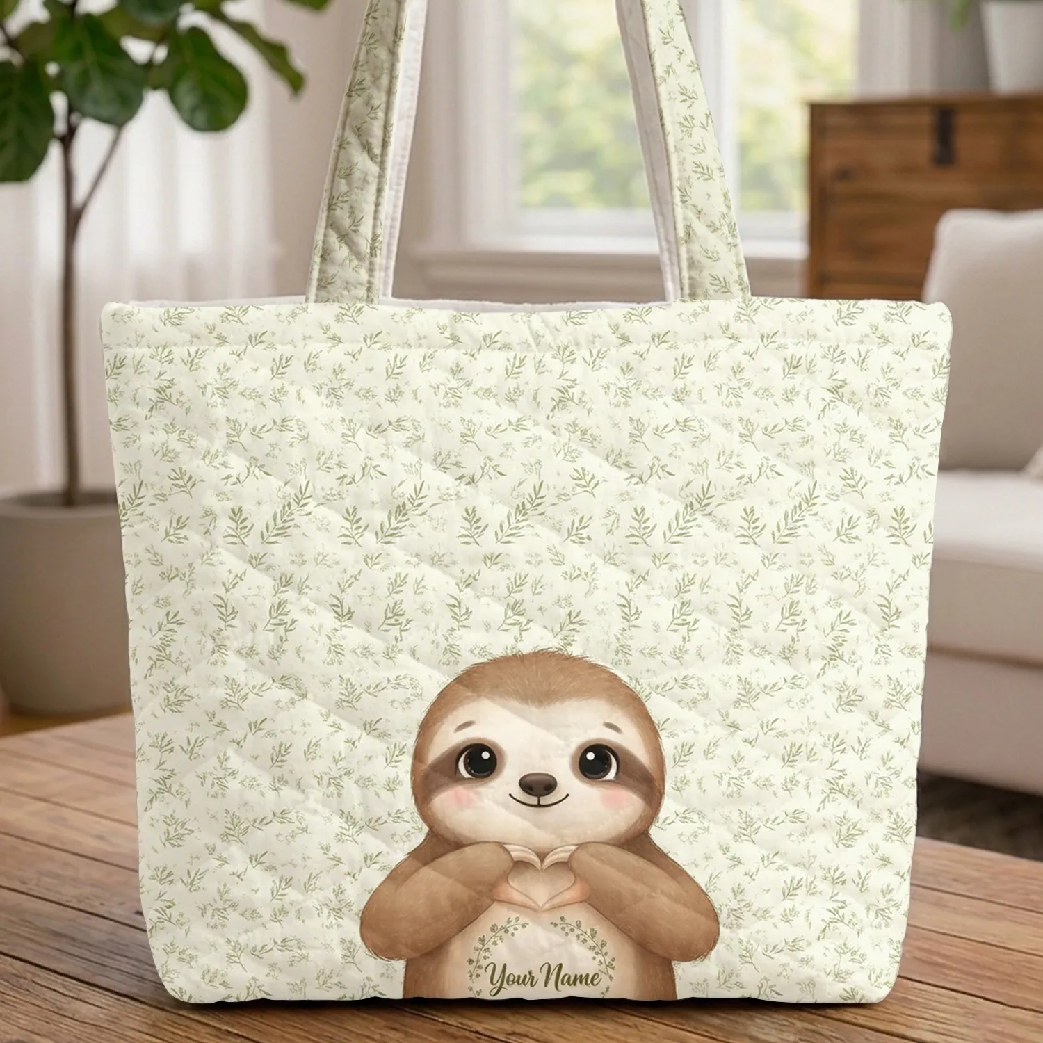 Personalized Baby Sloth Heart Hands - Wildlife Lover Gift Quilted Tote Bag - 1