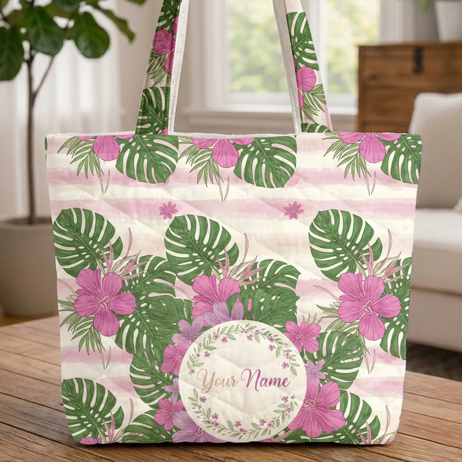 Personalized Your Name Monstera Tropical Floral Wreath - Birthday Gift Quilted Tote Bag - 1