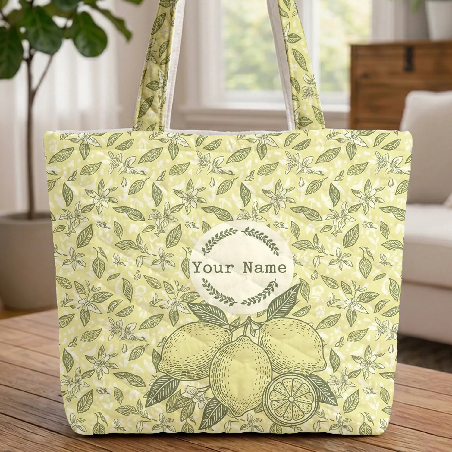 Lemon Leaves Blossoms Ornate Lemons Floral Wreath - Farmhouse Decor Gift Quilted Tote Bag - 1