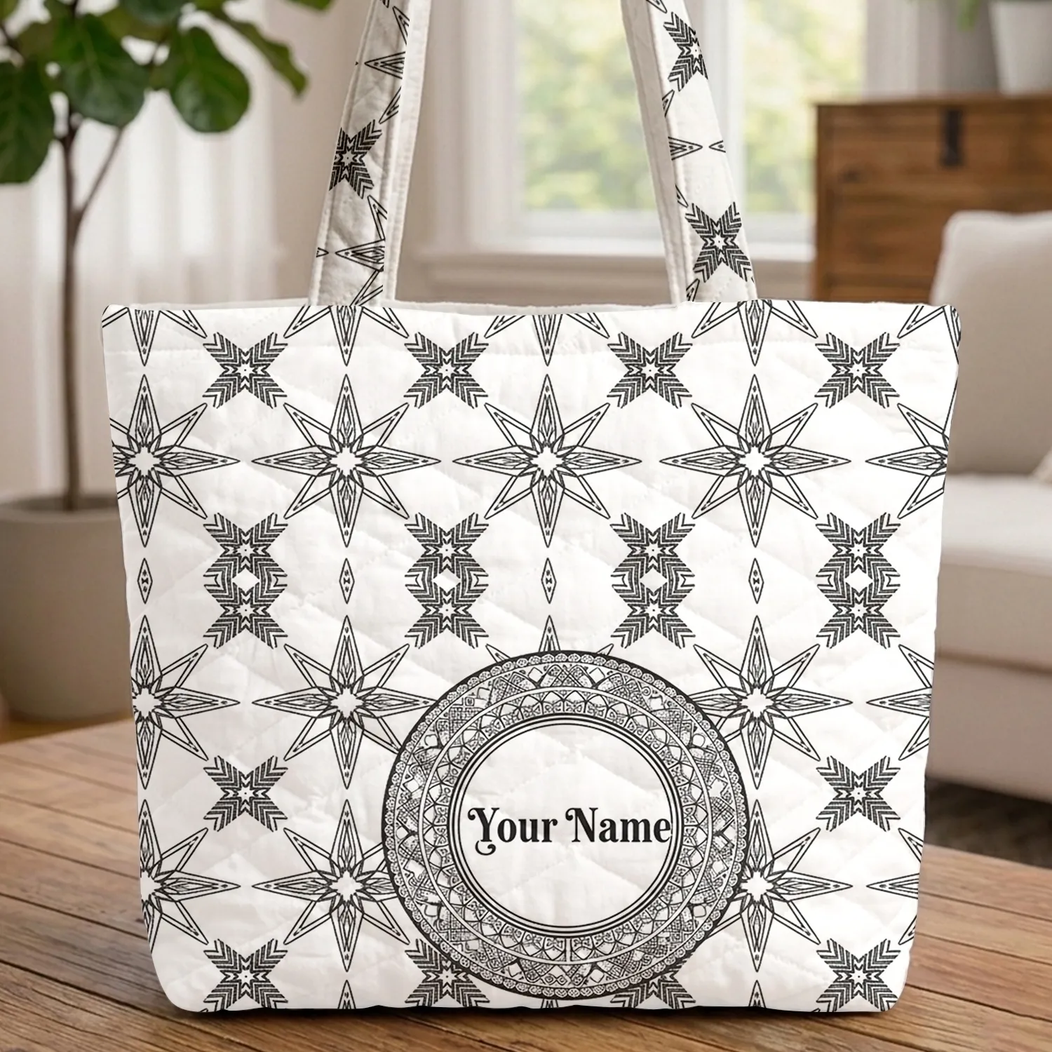 Folk Art Stars Diamonds Medallion - Boho Lifestyle Gift Quilted Tote Bag - 1