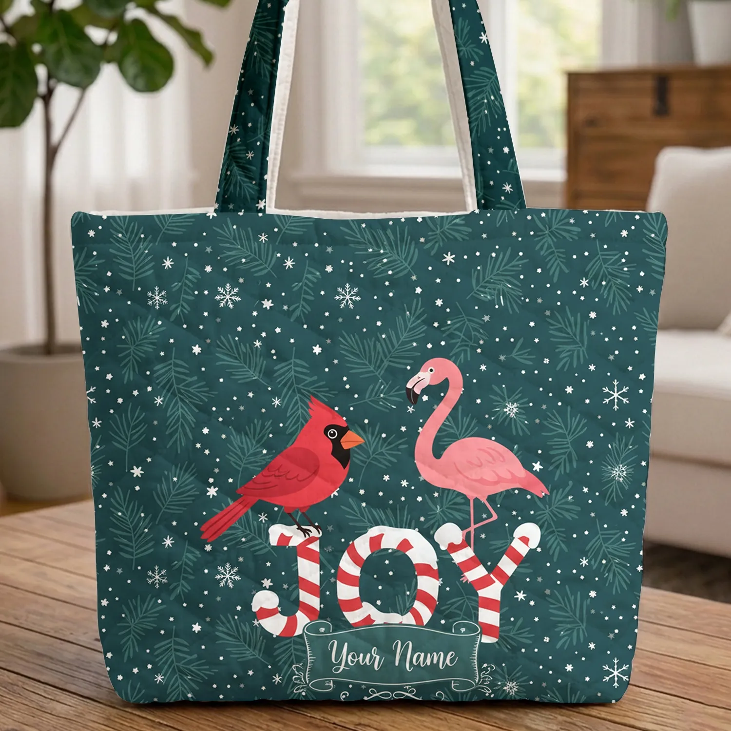 Cardinal Flamingo JOY Candy Cane Pine Snowflakes - Personalized Holiday Winter Gift Quilted Tote Bag - 1