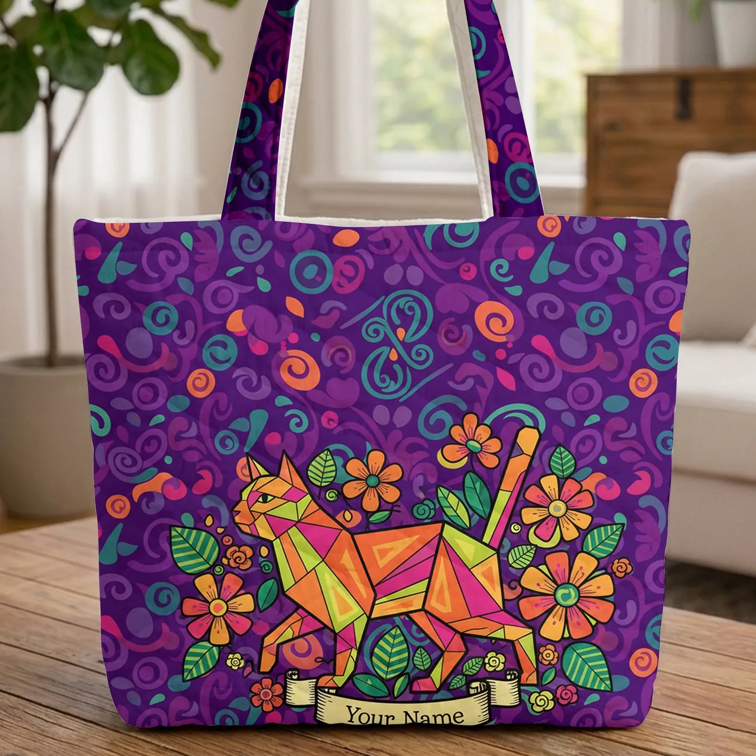 Purple Teal Orange Yellow Cat Organic Swirls Floral Leaves - Cat Lover Gift Quilted Tote Bag - 1