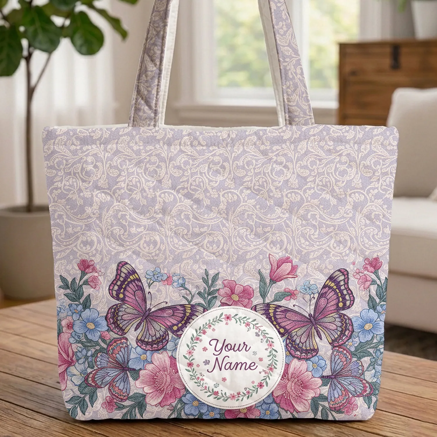 Ornate Butterflies Floral Vines Personalized Name - Everyday Tote Gift for Her Quilted Tote Bag - 1