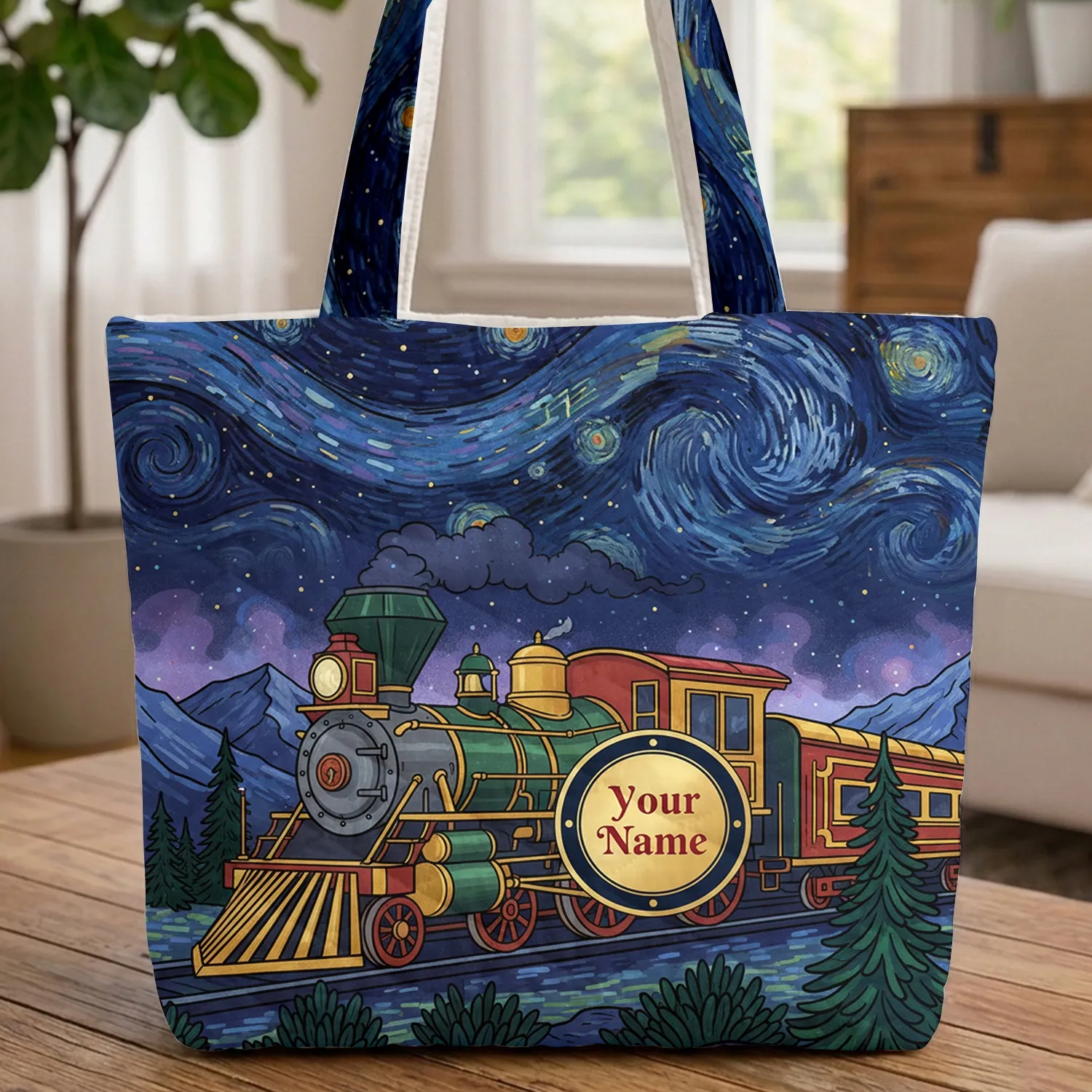 Ornate Vintage Steam Train Starry Sky - Train Lover Travel Essentials Gift Quilted Tote Bag - 1