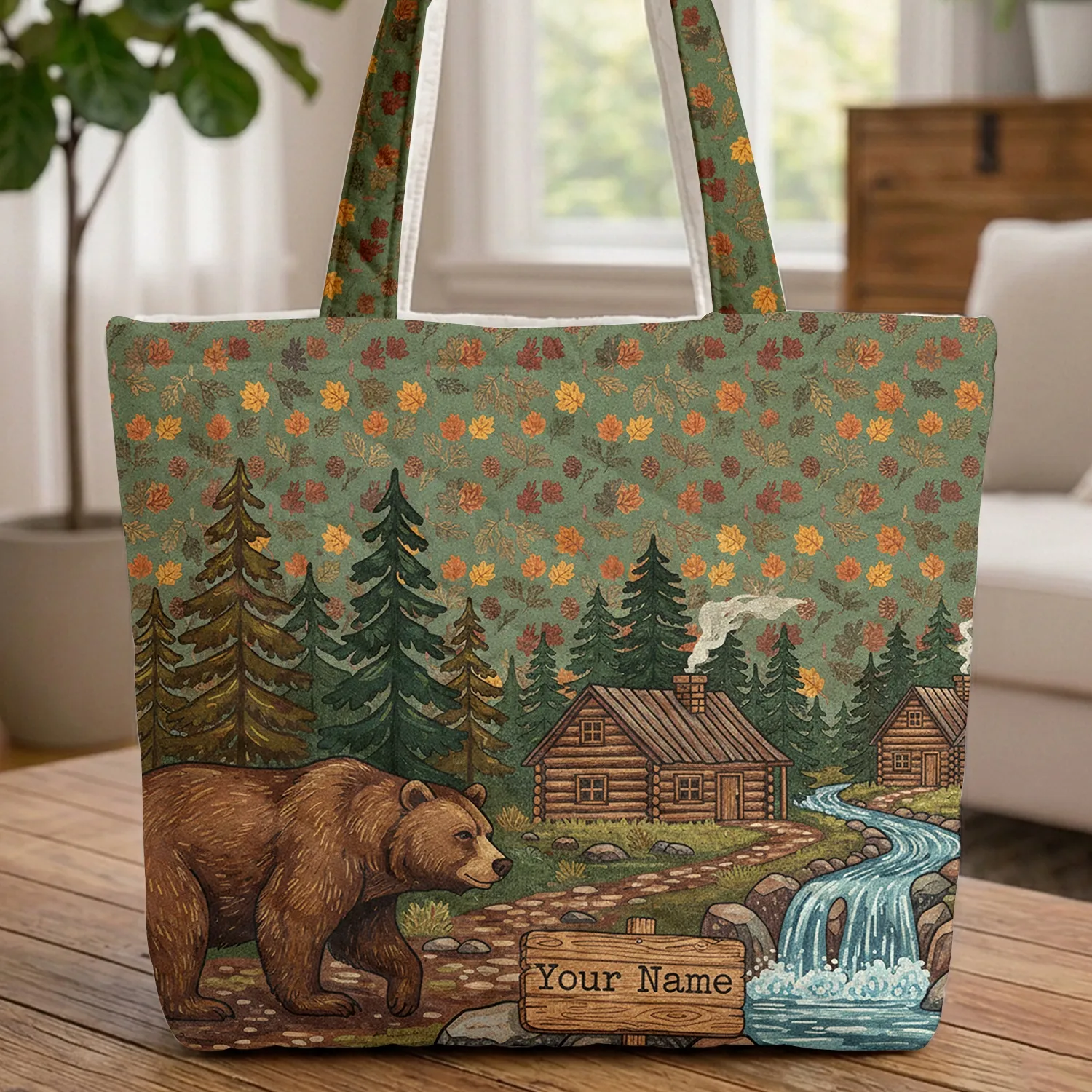 Majestic Brown Bear Rustic Log Cabins - Personalized Woodland Gift Quilted Tote Bag - 1
