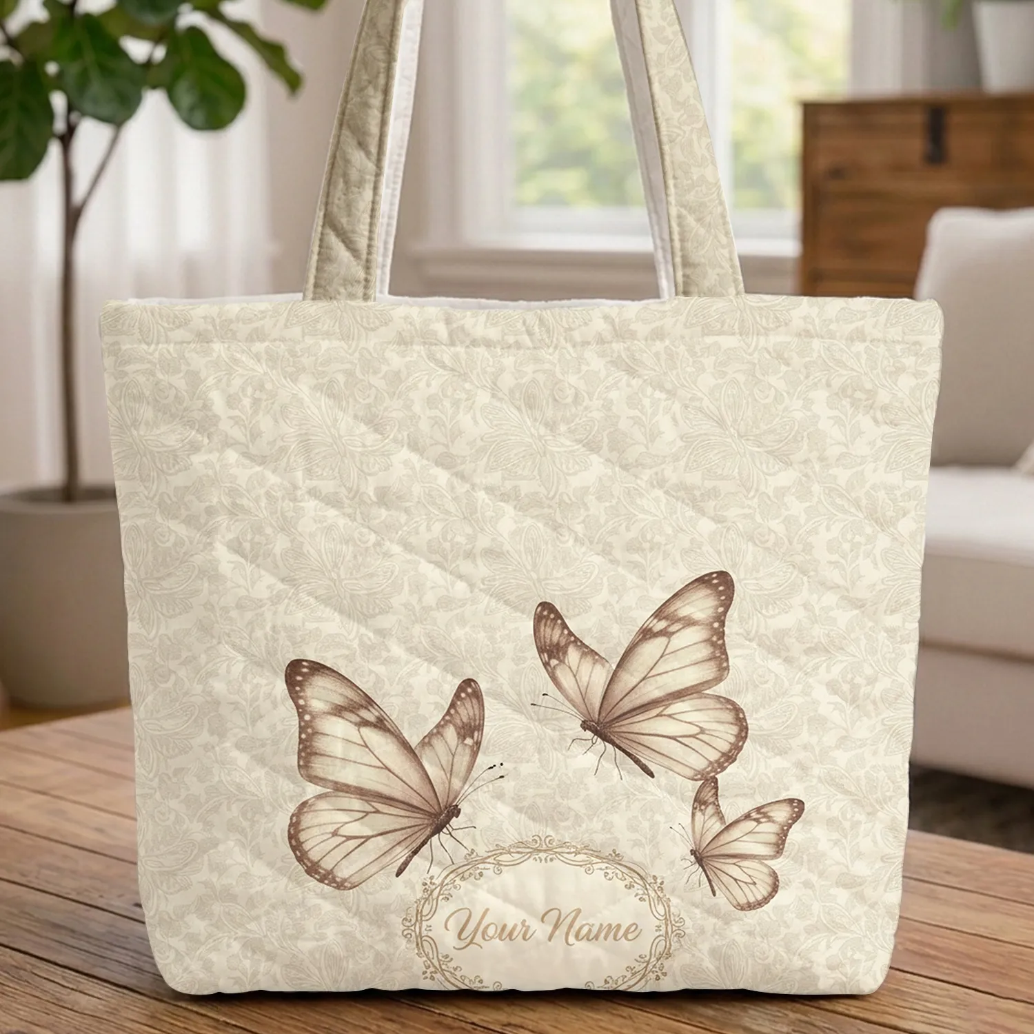 Personalized Monarch Butterflies Vines Oval Medallion - Wildlife Lover Gift Quilted Tote Bag - 1
