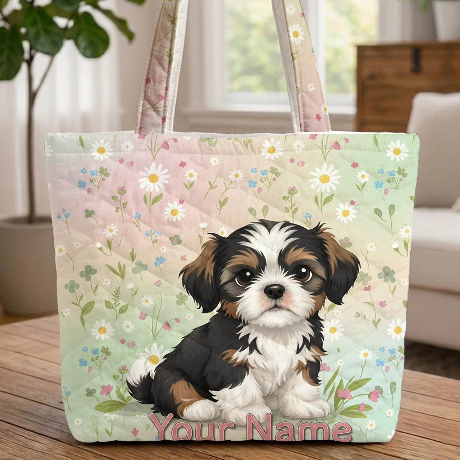 Shih Tzu Puppy Wildflower Field Daisies Clover Green Leaves - Pet Owner Everyday Tote Gift Quilted Tote Bag - 1