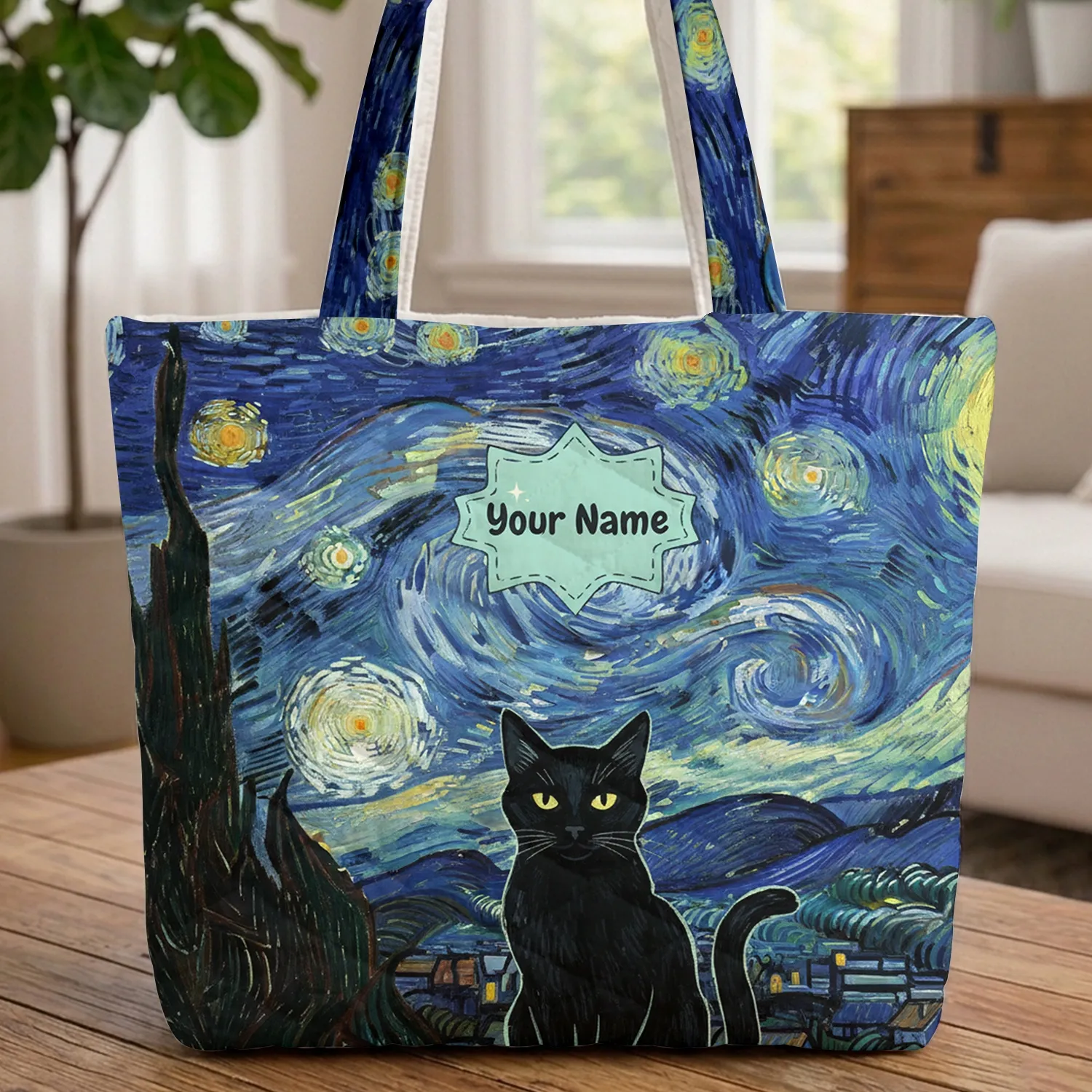 Black Cat Van Gogh Starry Night Sky Personalized Name - Cat Lover Gift Quilted Tote Bag - 1