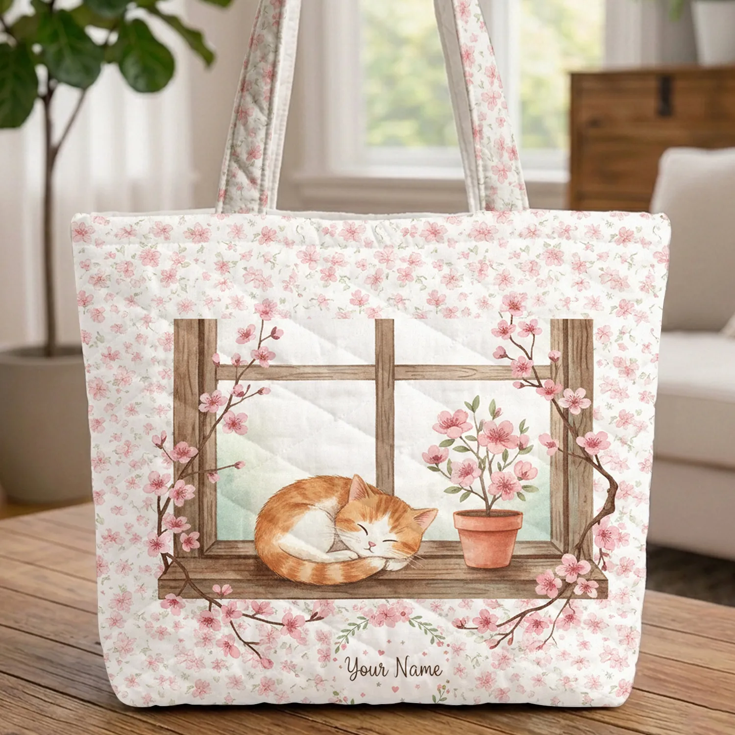 Ginger Cat Cherry Blossom Floral Wreath Personalized Name - Bag Gift for Cat Lover Quilted Tote Bag - 1